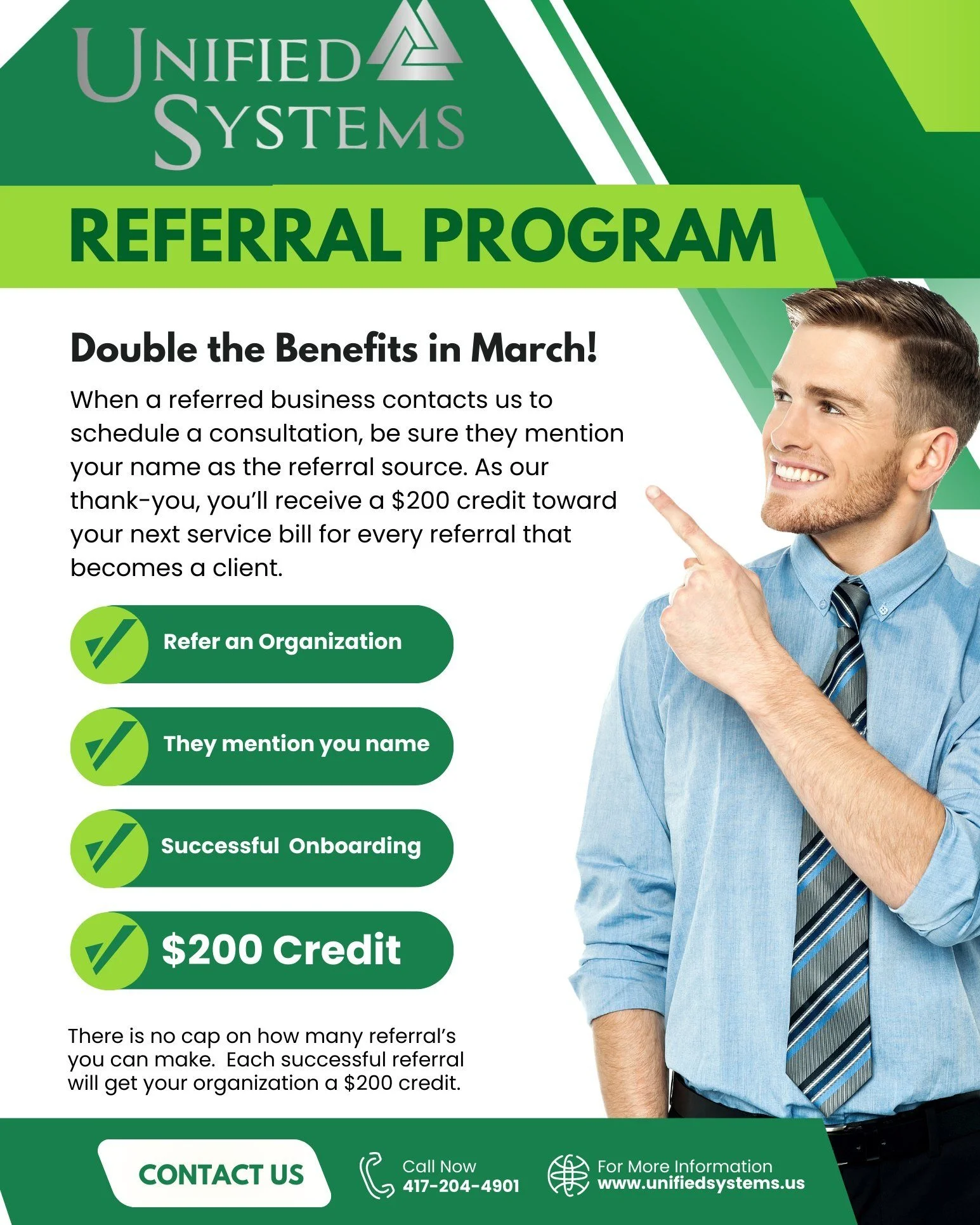 March Double Referral Program!!!!

Refer an organization today and receive a $200 credit toward your next service bill for every successful referral that includes your name.

 #WestPlains #WestPlainsStrong #unifiedsystemswp #WestPlainsMO #westplains
