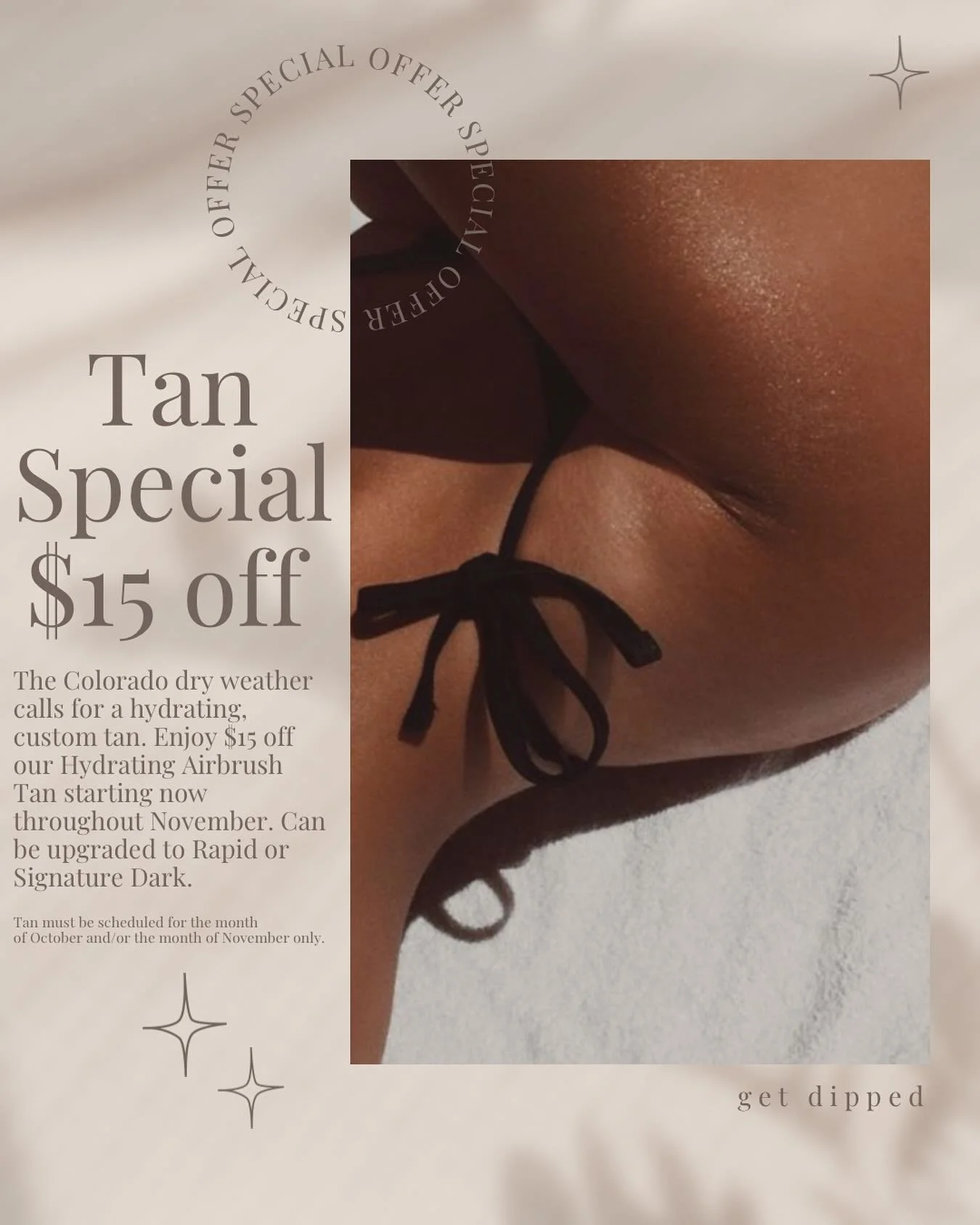 Fall Glow Special 🤎🤎🤎
Colorado&rsquo;s dry weather calls for extra hydration &mdash; and the perfect tan! 
Enjoy $15 off our Hydrating Custom Airbrush Tan now through November.
This tan is infused with nourishing ingredients to keep your skin glow