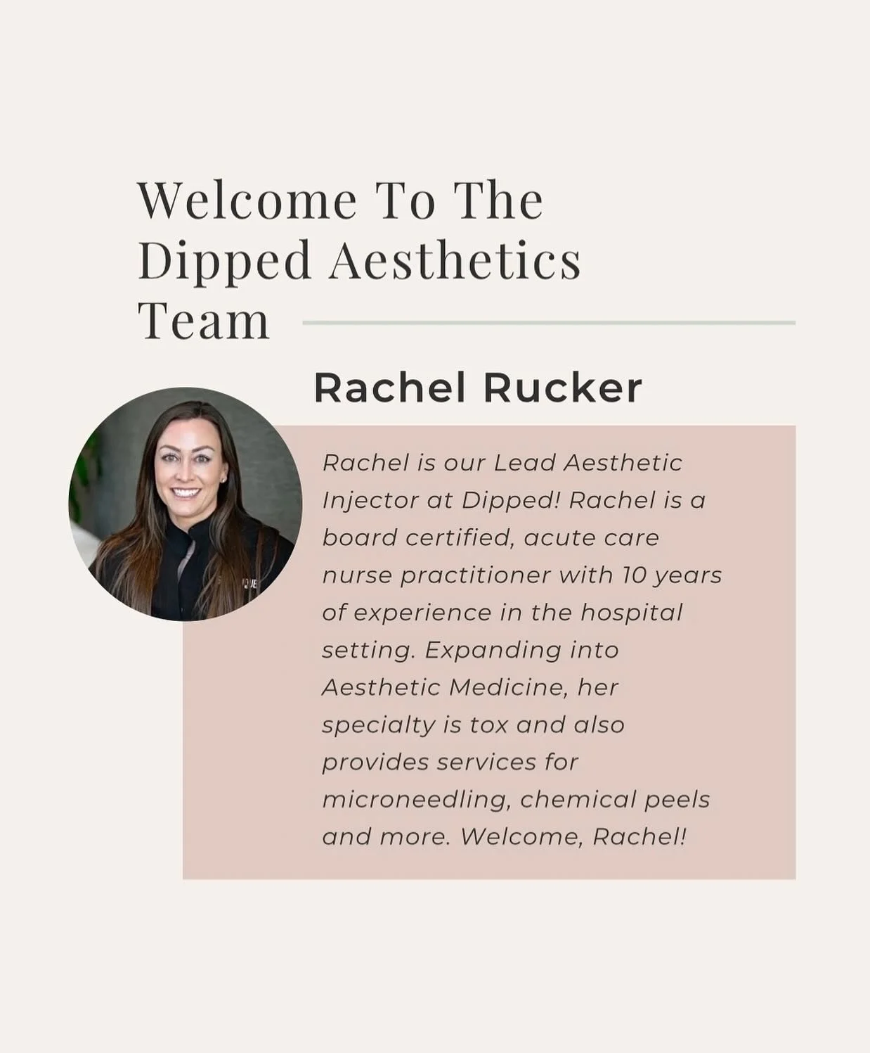 Meet Rachel!
We&rsquo;re so excited to introduce Rachel, our incredibly talented and Lead Aesthetic Injector here at Dipped Sunless &amp; Aesthetics! 💉✨

Rachel offers a range of services &mdash; from Tox and microneedling to chemical peels and more