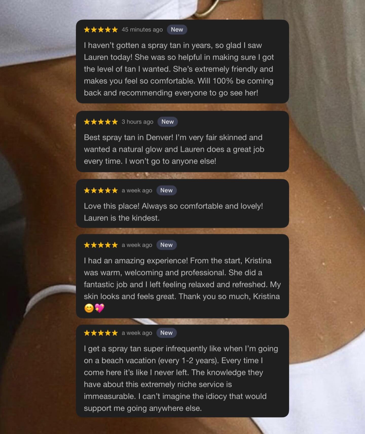 Recent Client Testimonials 🤎 We love our Dipped guests! 

#denverbeauty #glowup #dippedsunless #coloradobride #mountainwedding