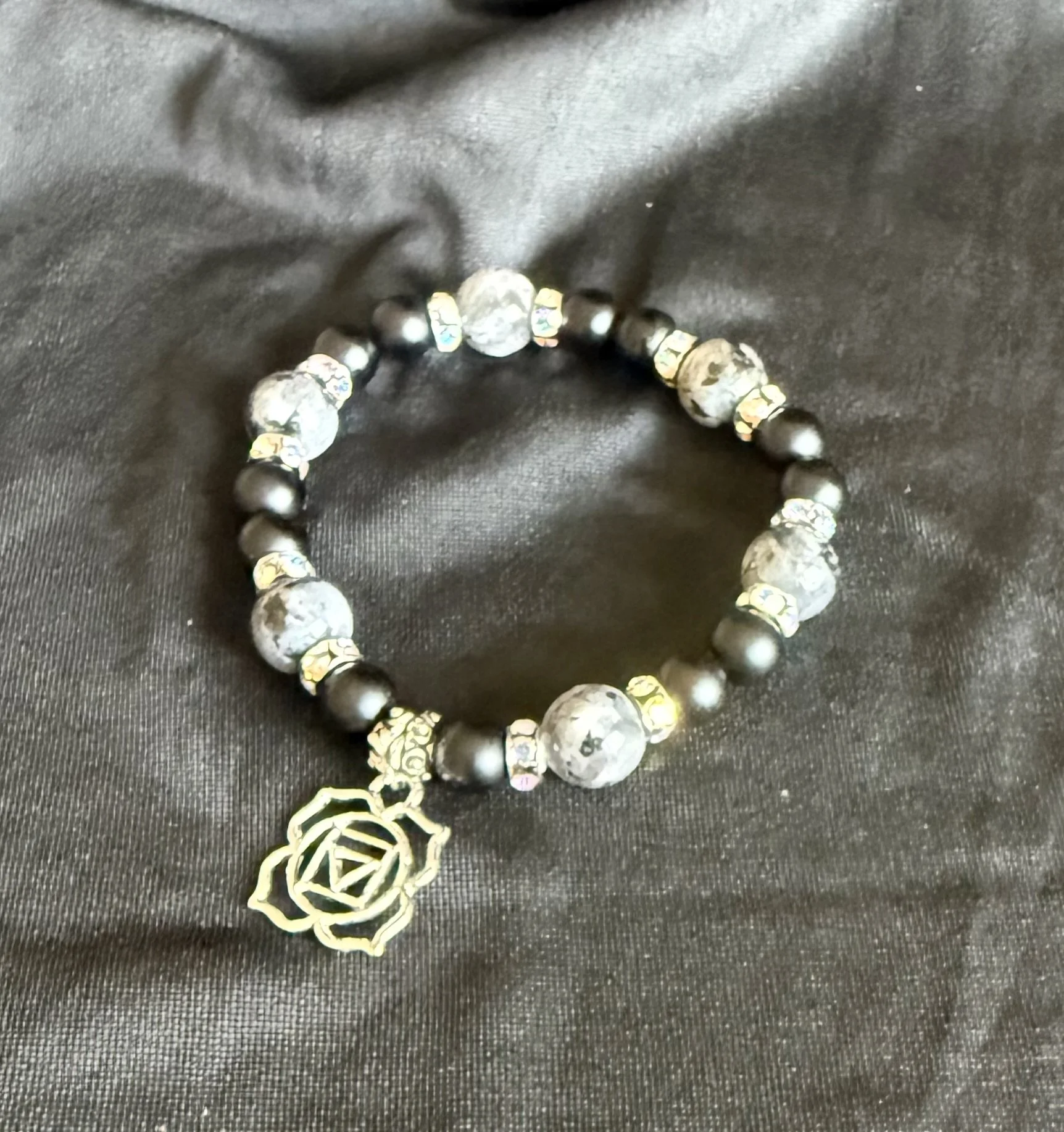 Larvikite & Matte Onyx Bracelet with Root Chakra Charm