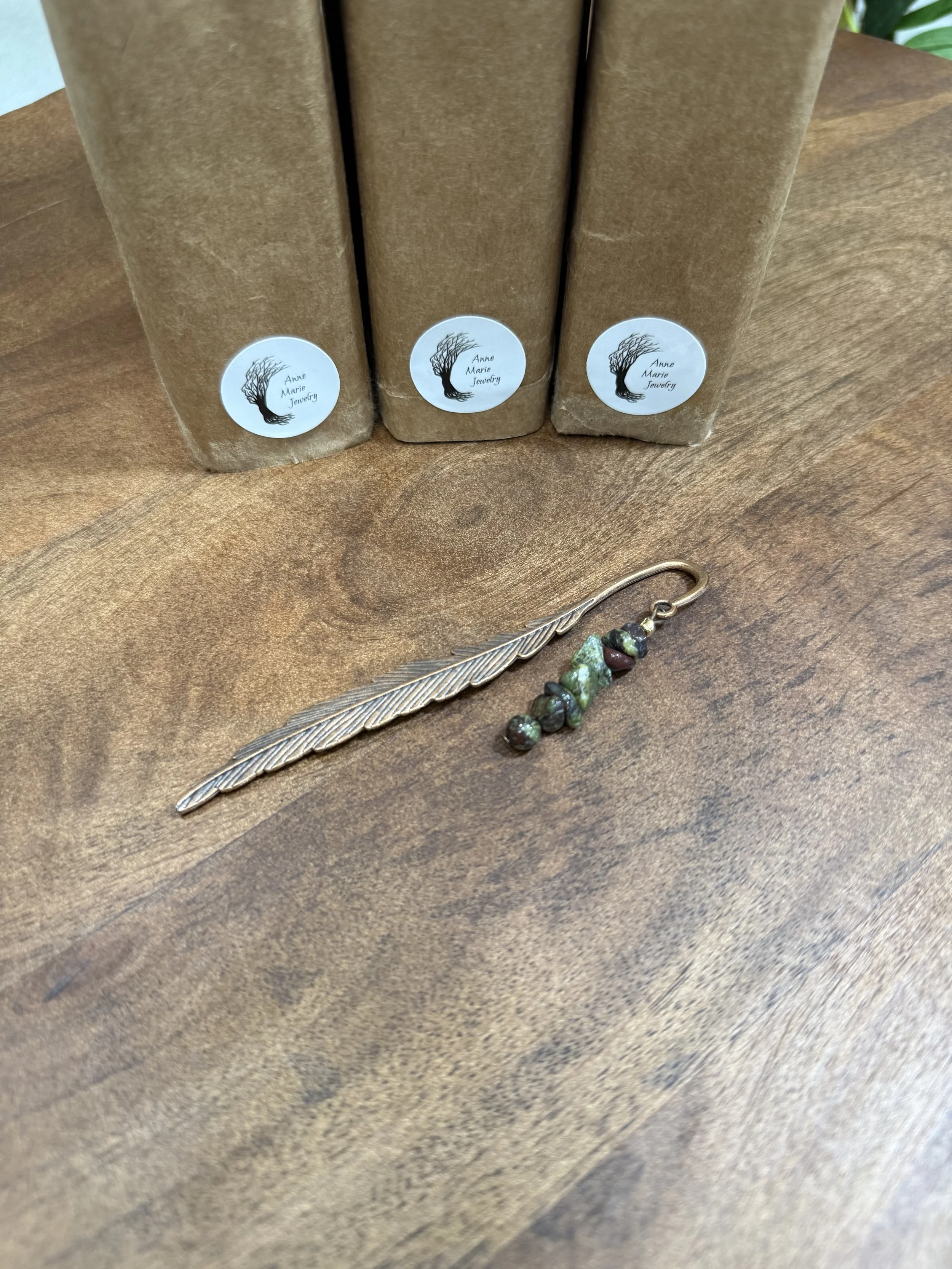 Bronze Feather Bookmark with Gemstone Accents