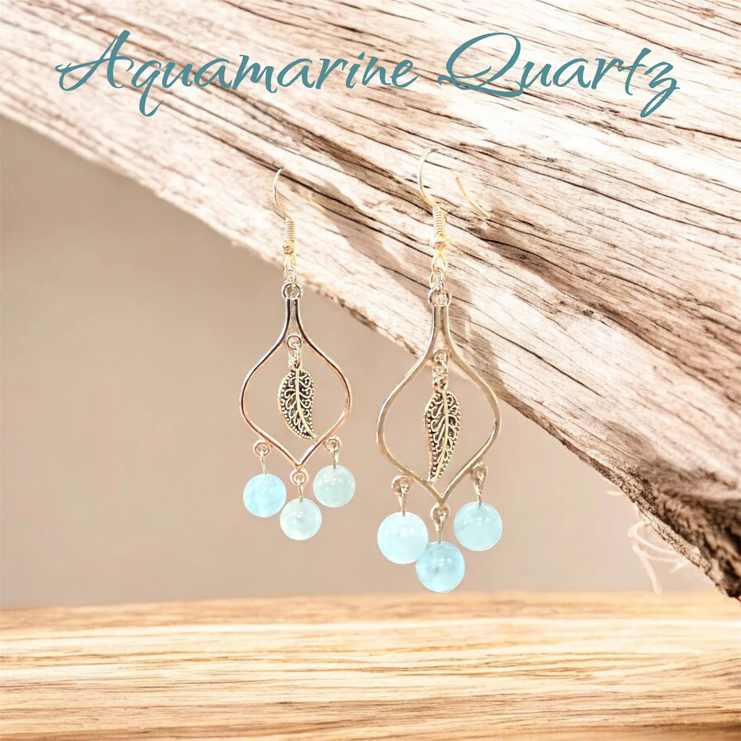 Aquamarine Quartz Chandelier Earrings with Leaf Accent