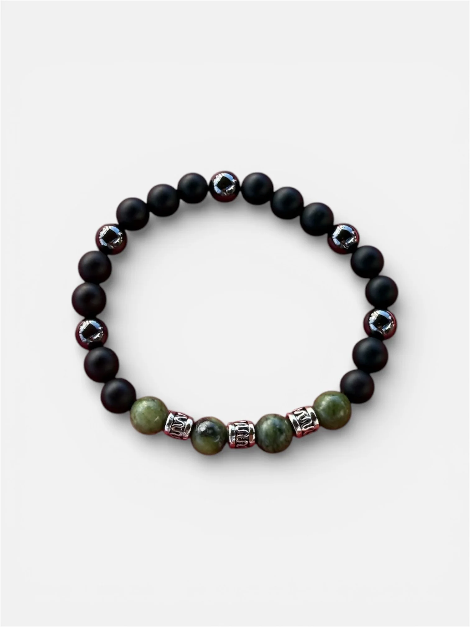 Jade, Matte Black Agate & Hematite Bracelet 7"