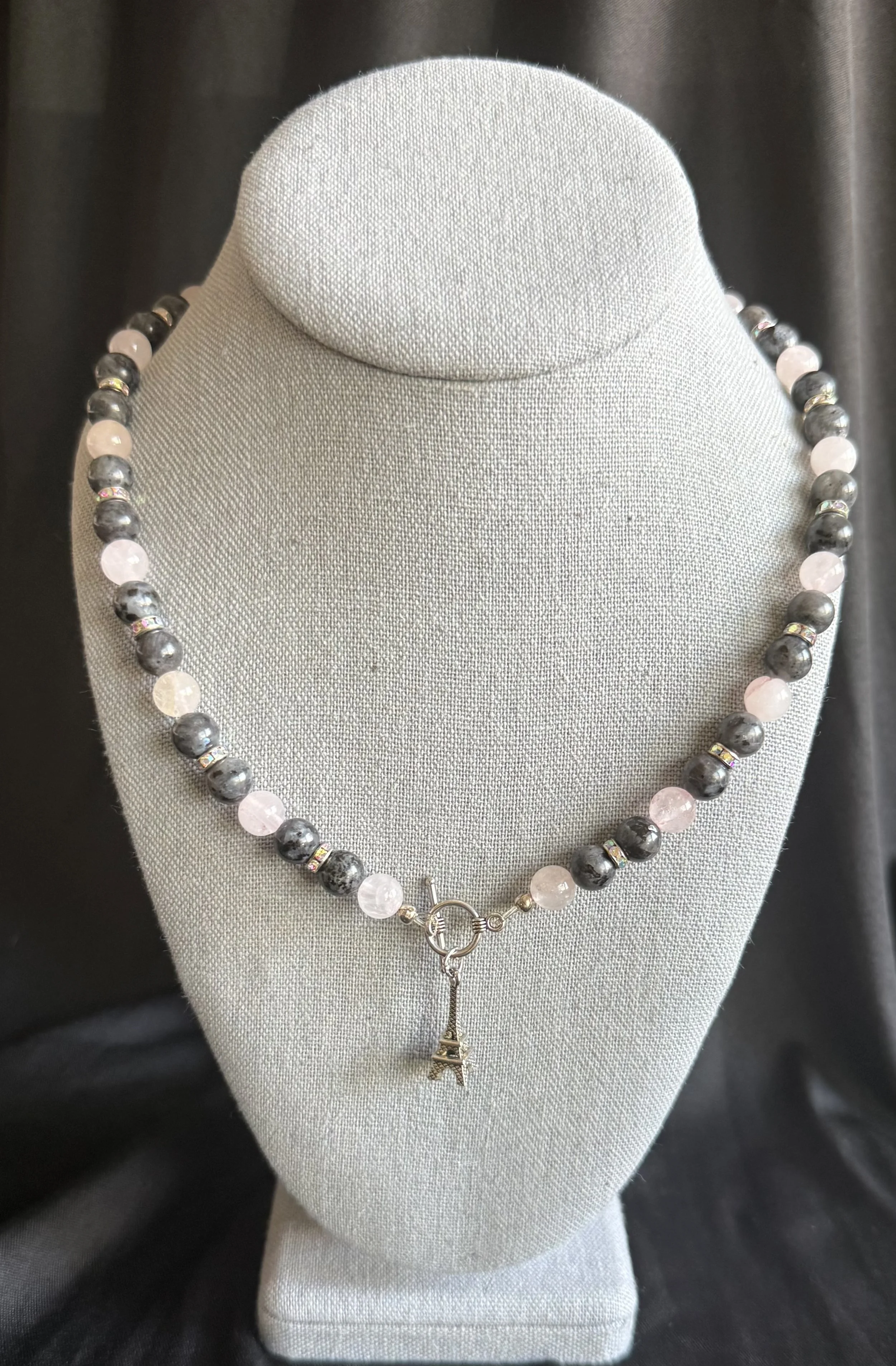 Rose Quartz & Larvikite Necklace with Eiffel Tower Pendant