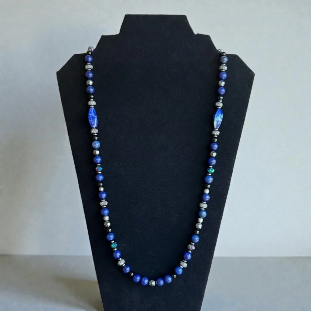 25.5" Lapis Lazuli, Hematite & Black Agate Necklace