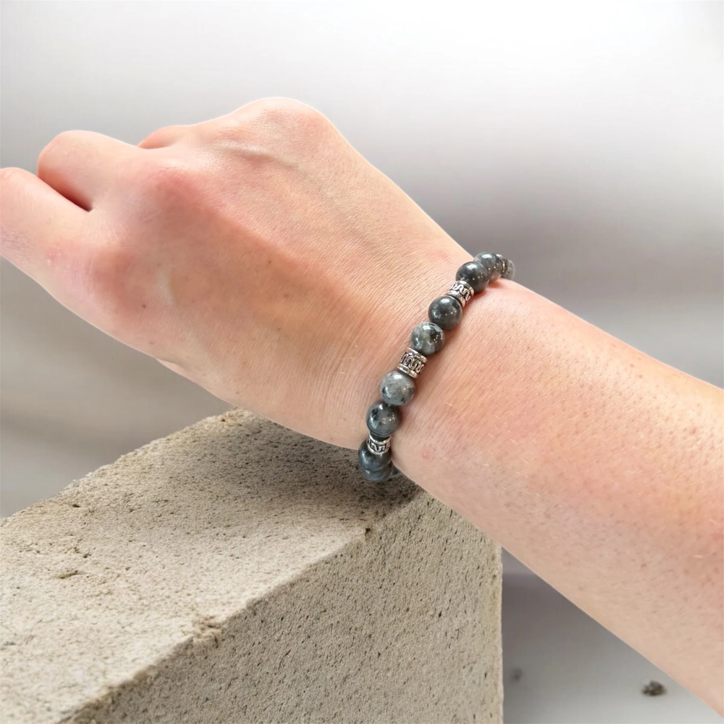 6" Larvikite Bracelet with Tibetan Metal Spacer Beads