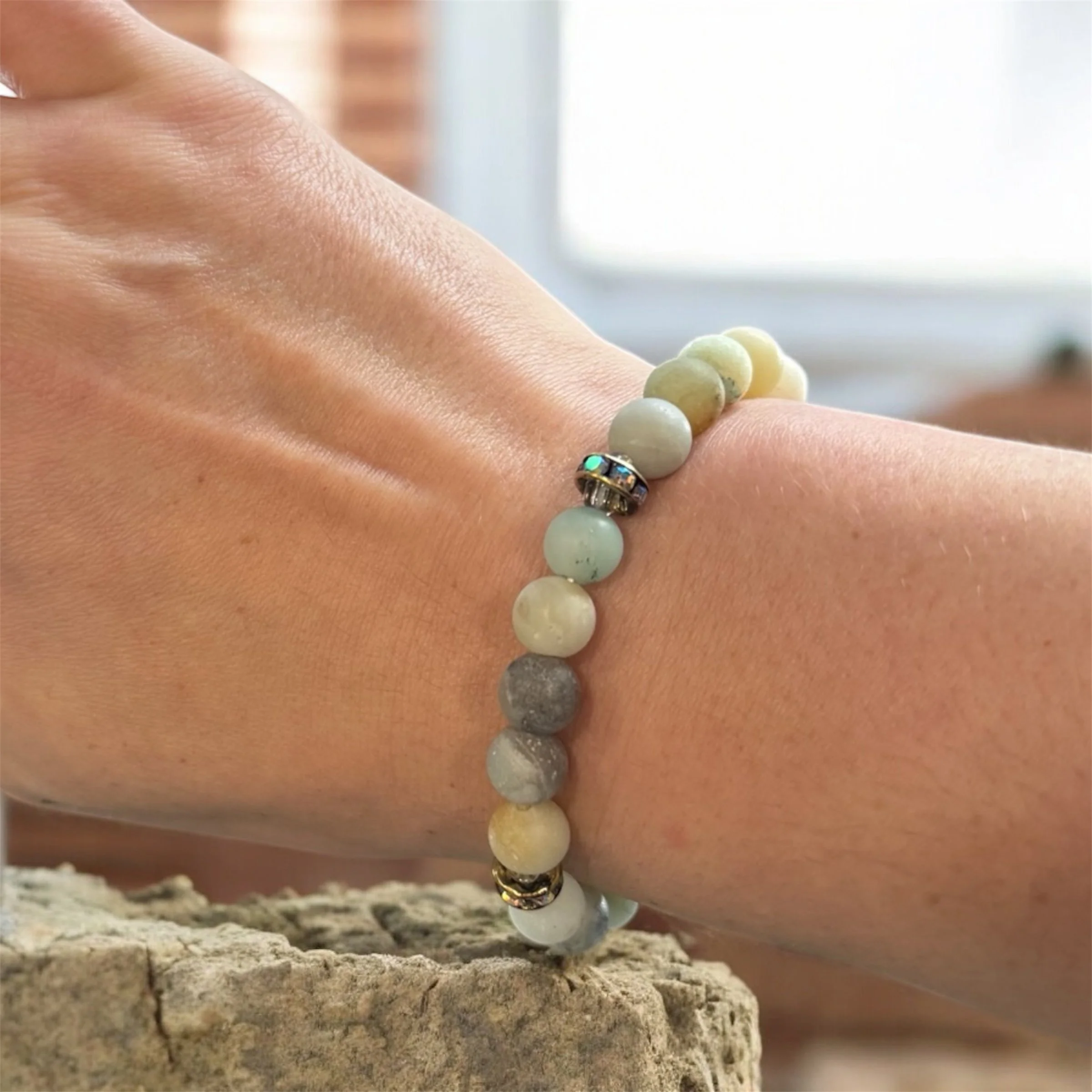 Matte Amazonite Gemstone Bracelet with Bronze Crystal Rondelles