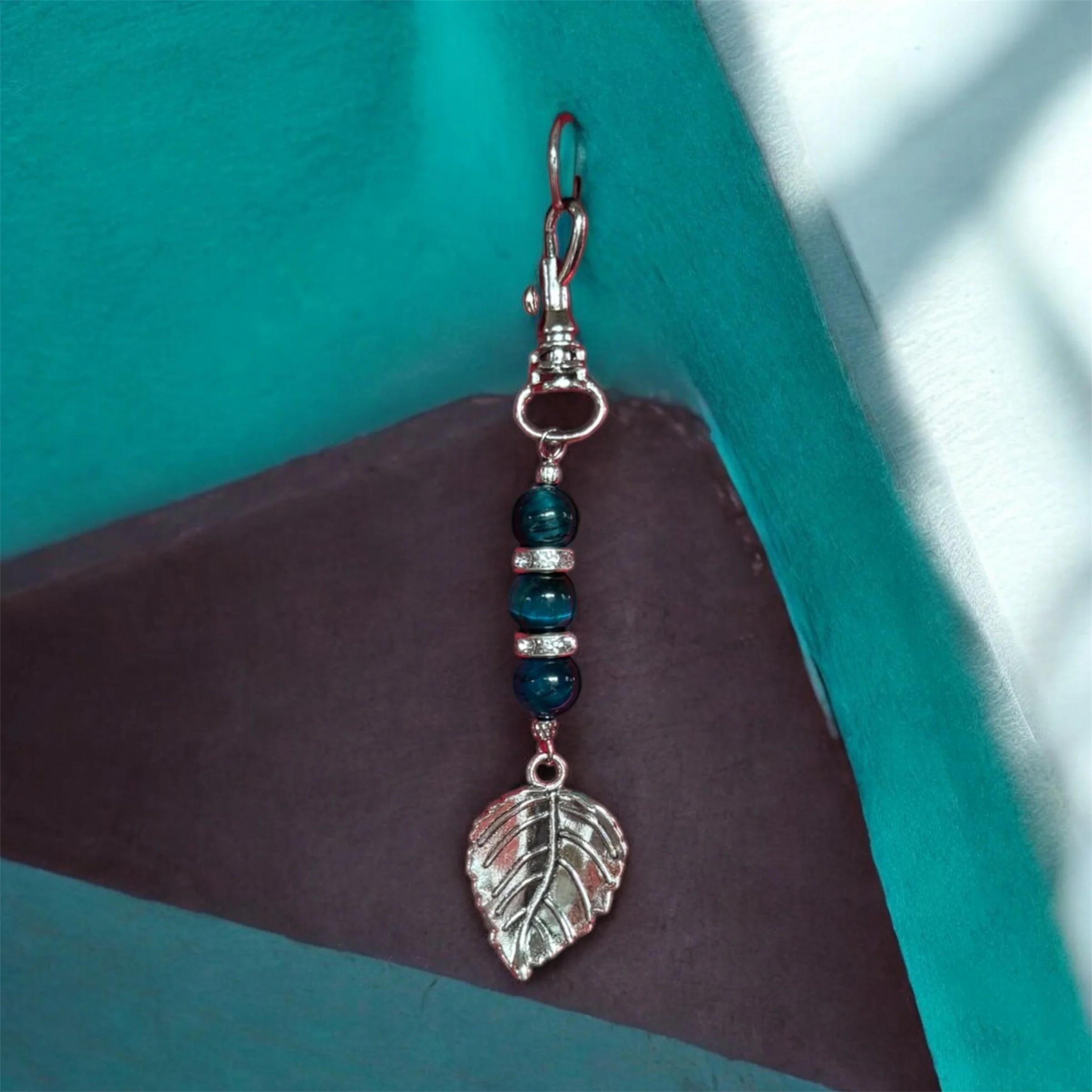 Blue Tigers Eye Keychain with Leaf Charm