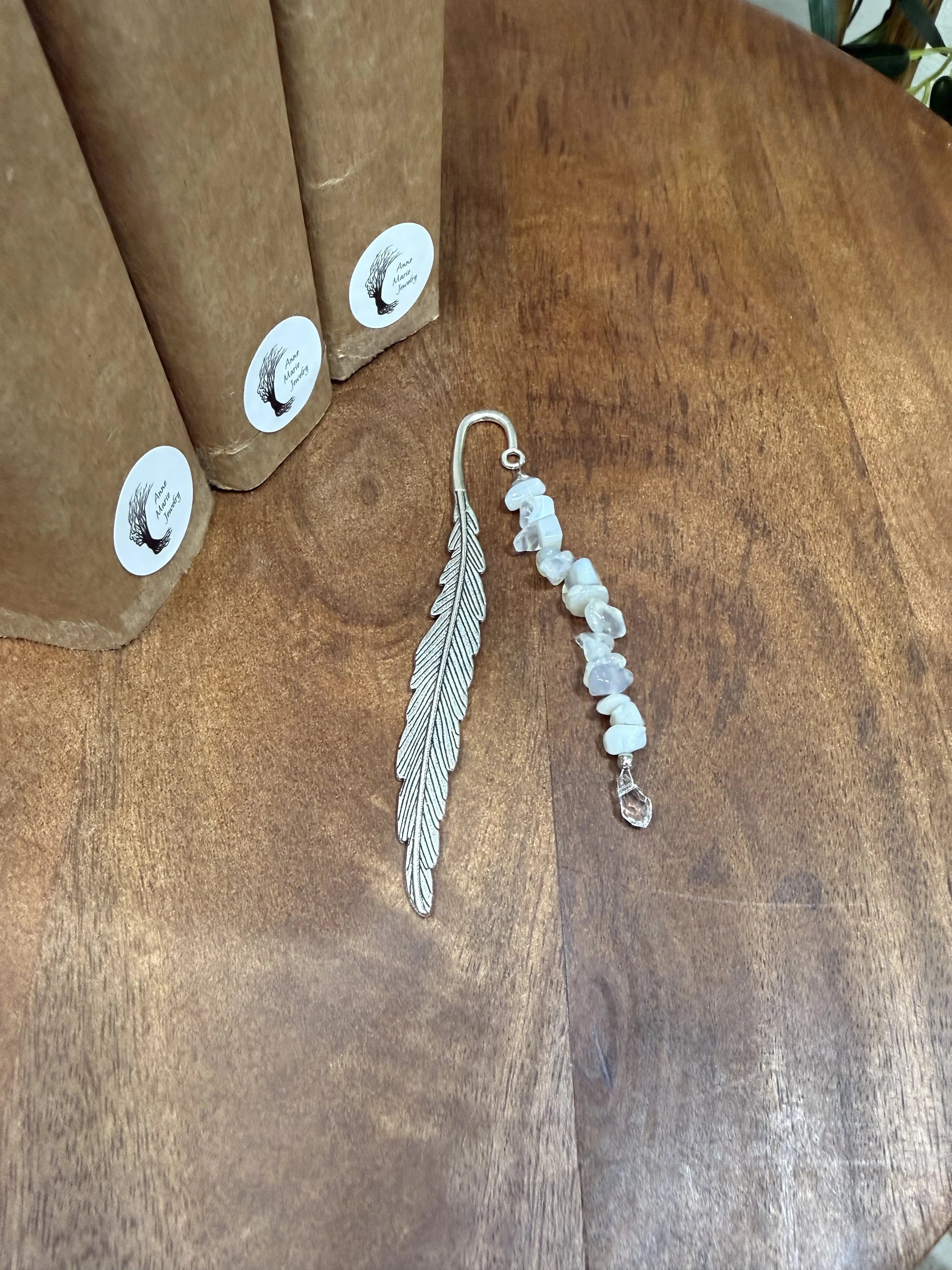Elegant Metal Feather Agate Gemstone Bookmark with Sun Crystal