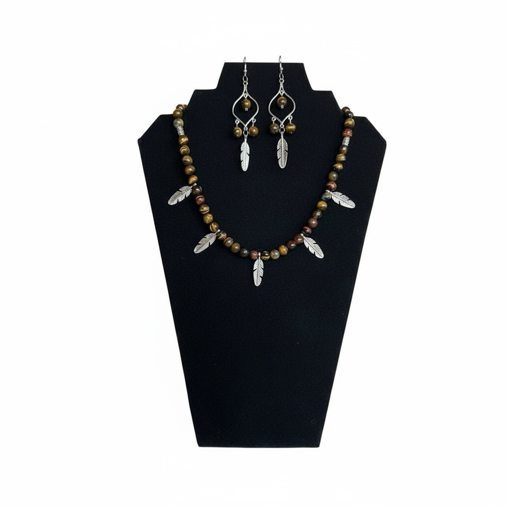 Elegant Tiger Eye Gemstone Necklace with Matching Chandelier Earrings