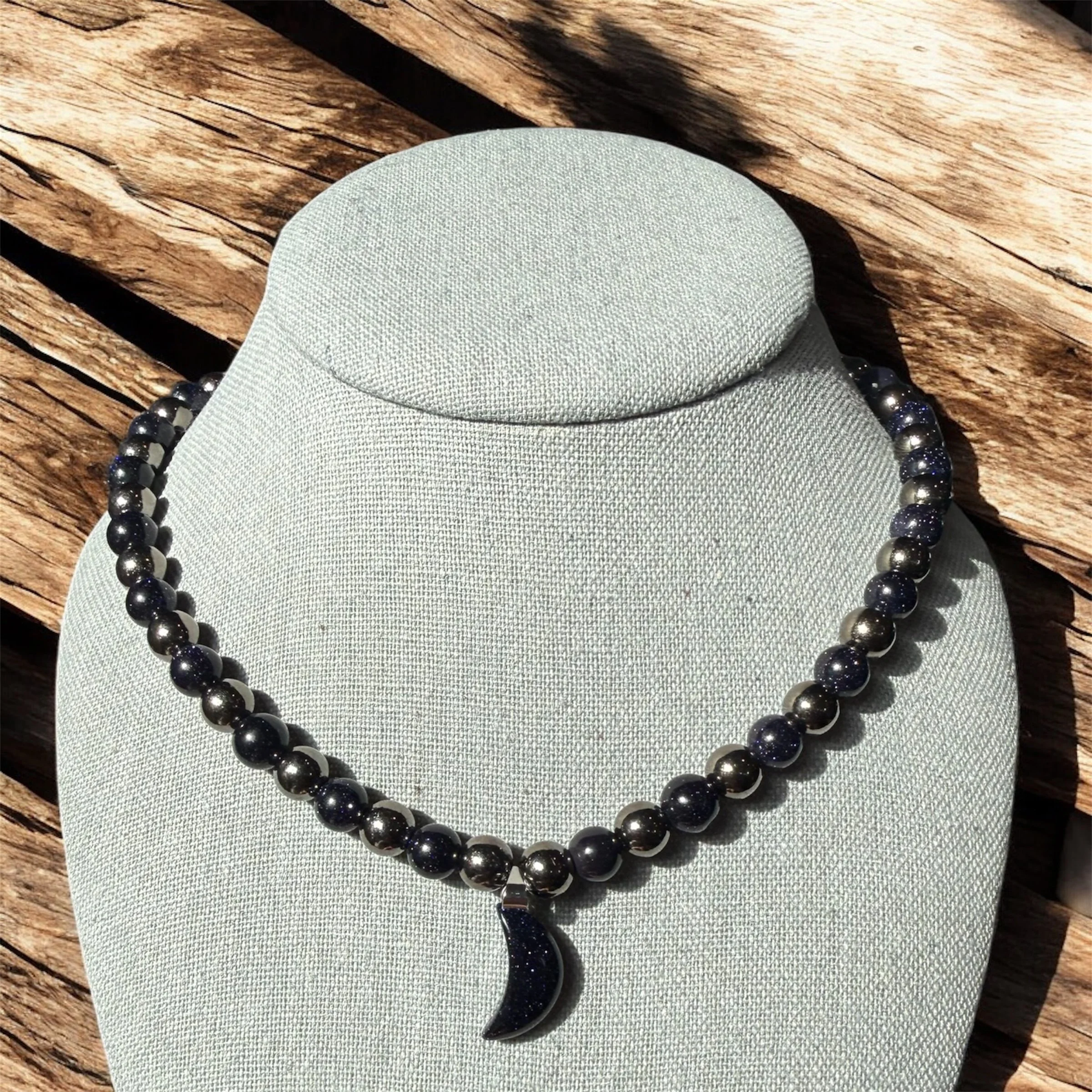 16" Silver Glass Beads & Blue Sandstone Moon Necklace