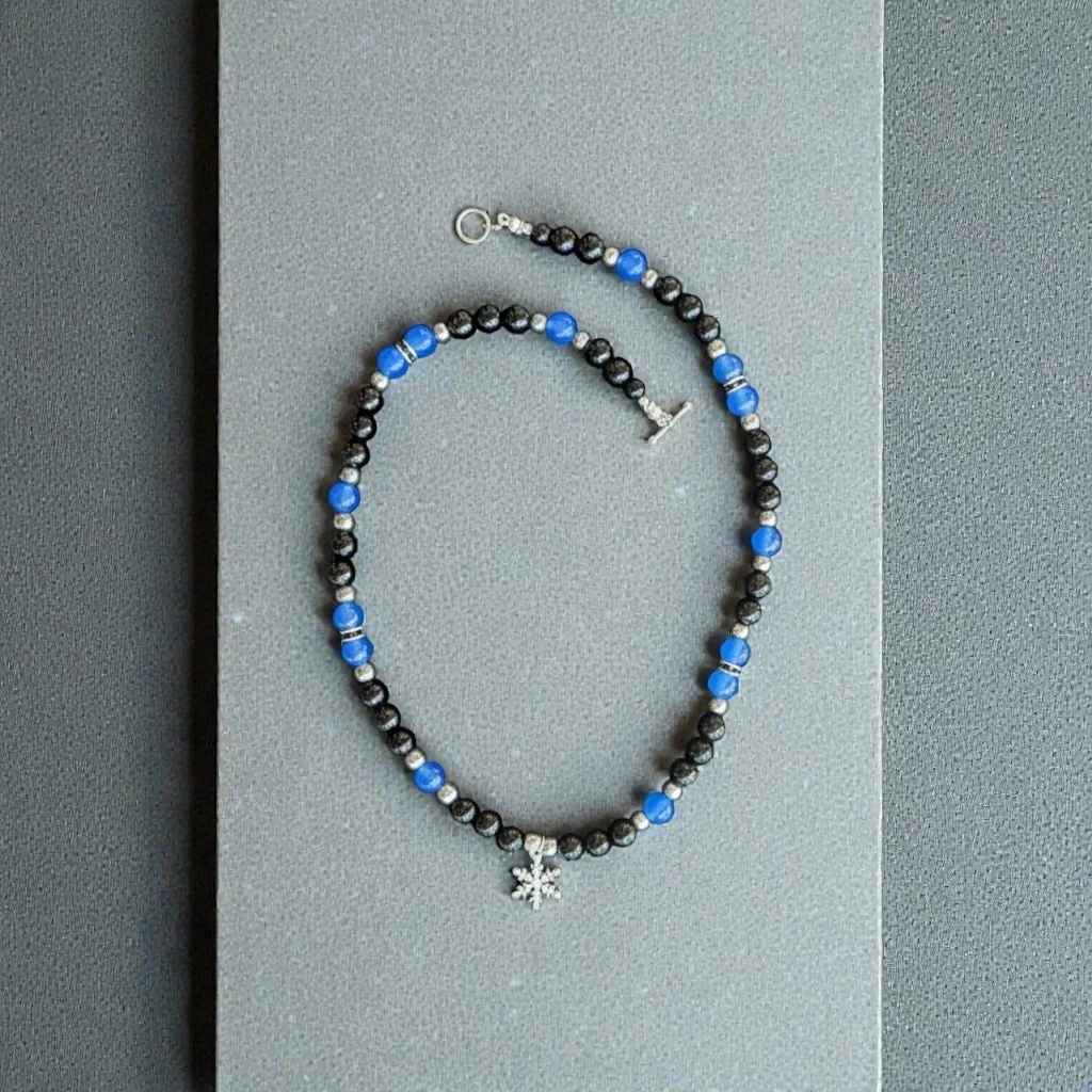 20" Blue & Black Agate Necklace with Snowflake Pendant