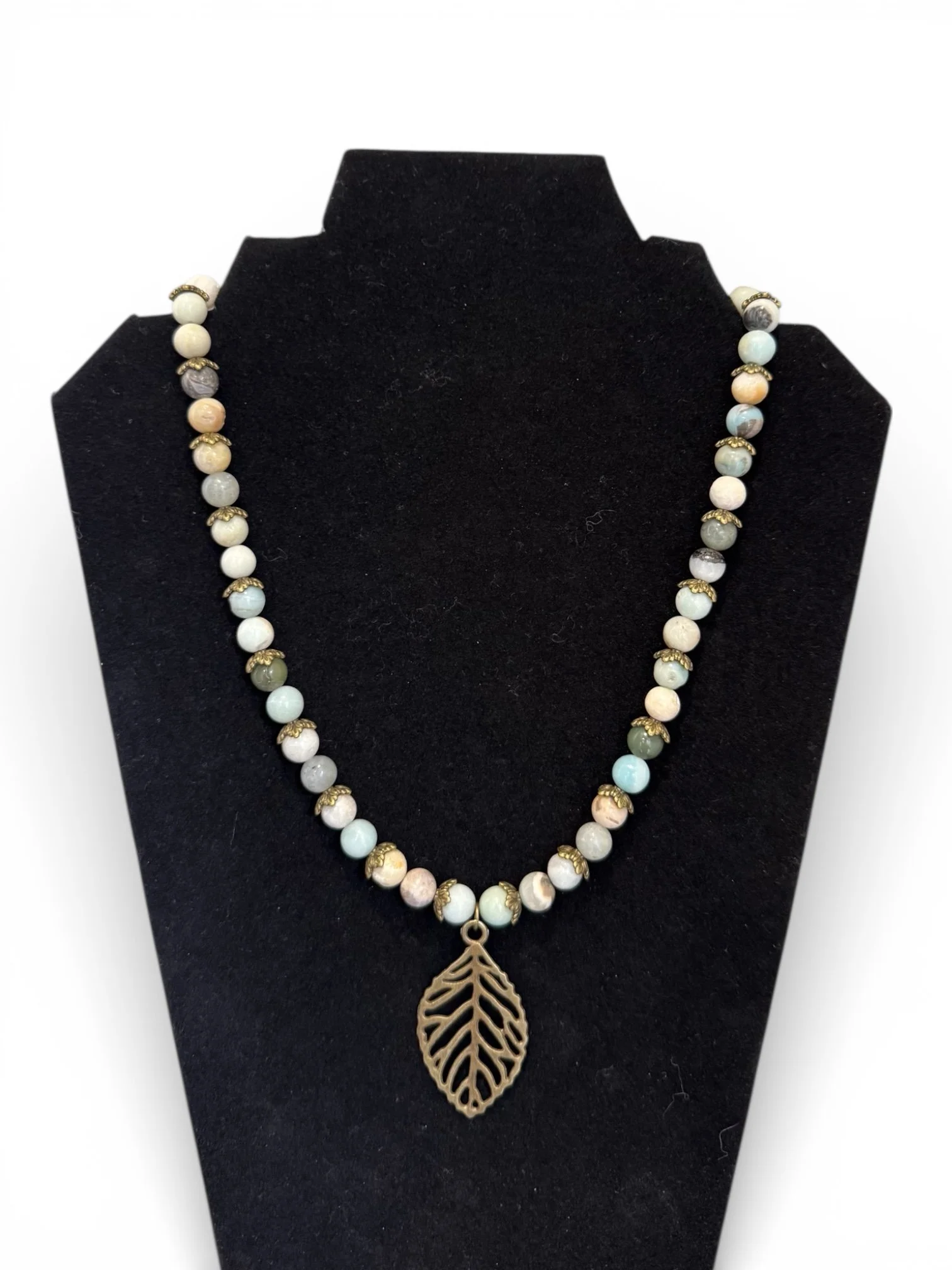 Amazonite Necklace with Bronze Leaf Pendant