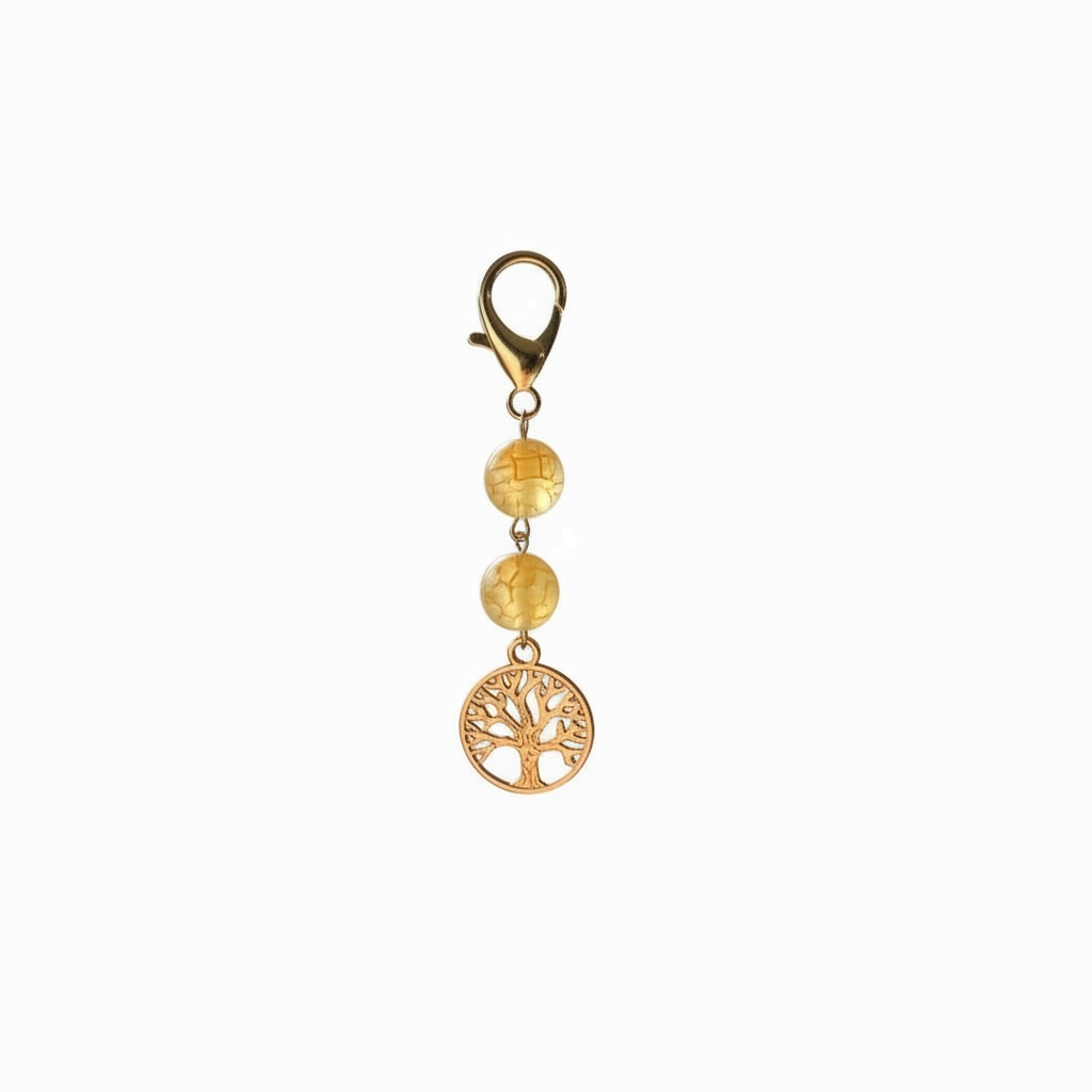 Gold Tree of Life Pendant Keychain with Yellow Cracked Agate