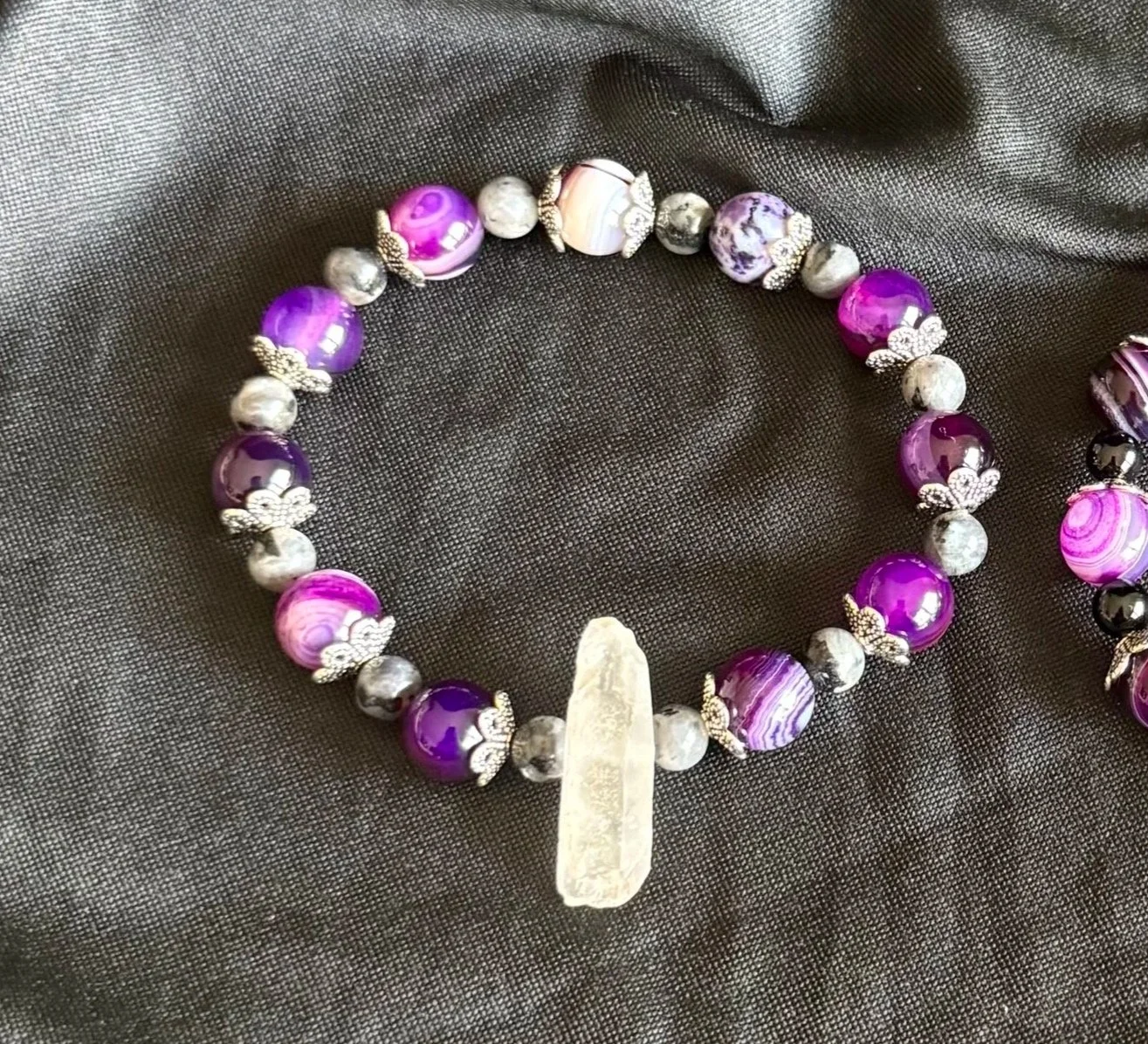 7" Banded Purple Agate & Larvikite Bracelet with Crystal Centerpiece