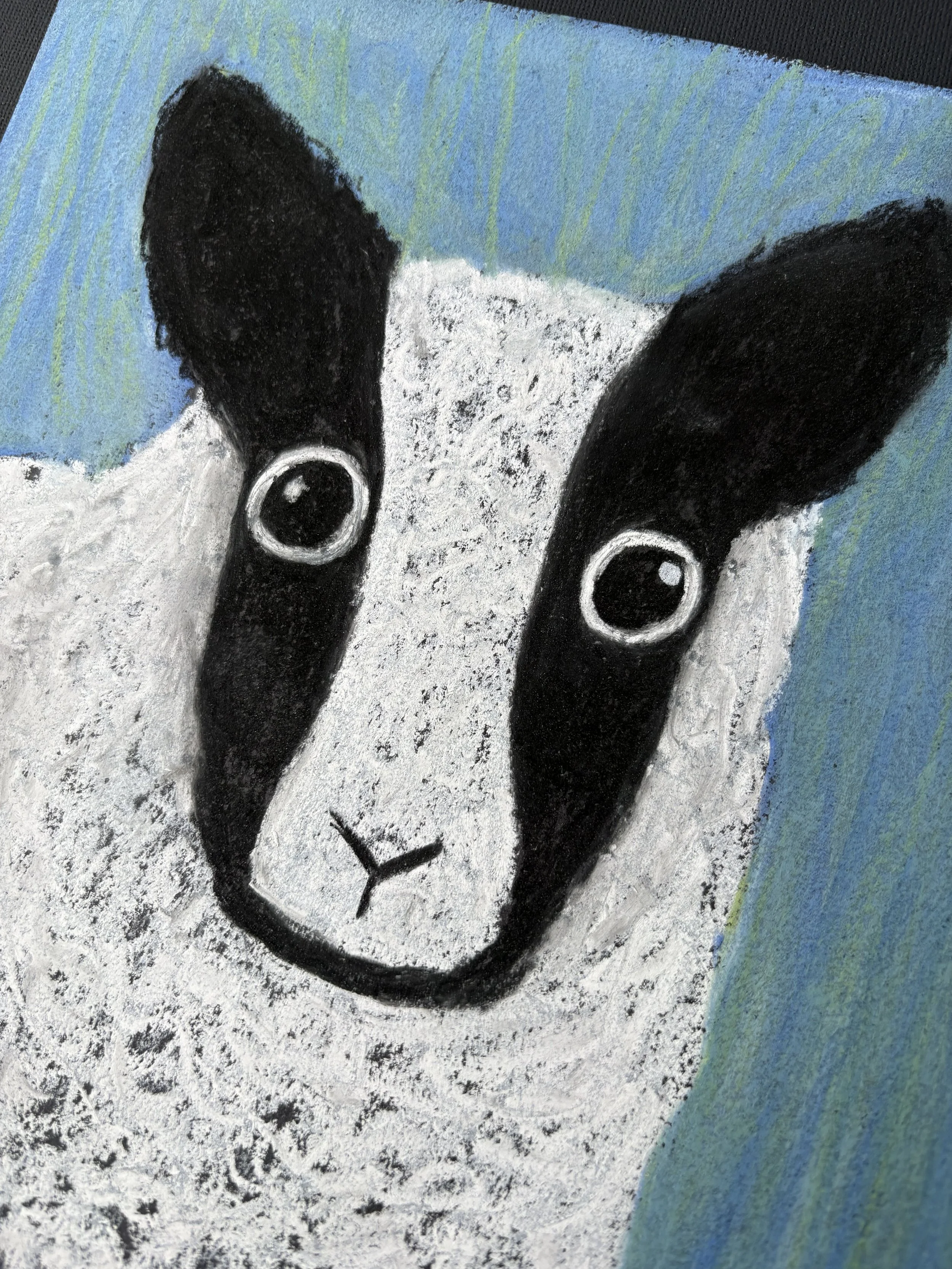 Hand-drawn pastel painting of a silly sheep, Christian artwork inspired by Psalm 23