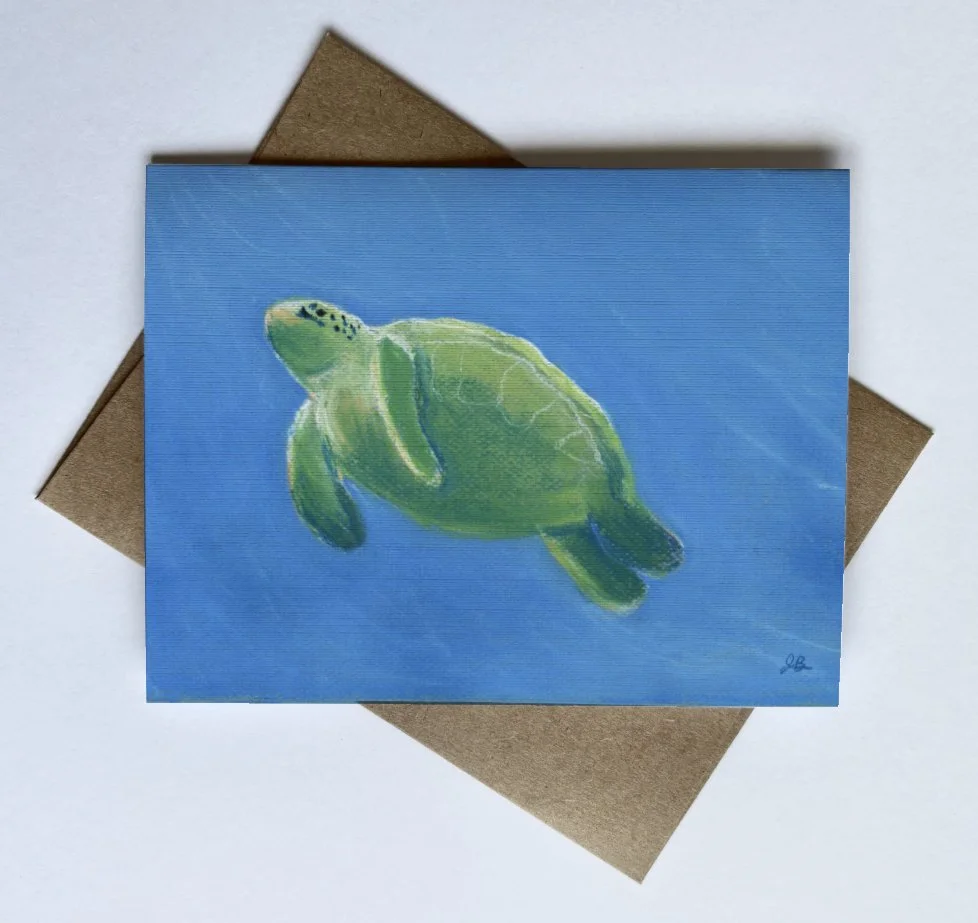Print of a sea turtlepastel painting on a card with matching envelope, ocean-inspired stationery