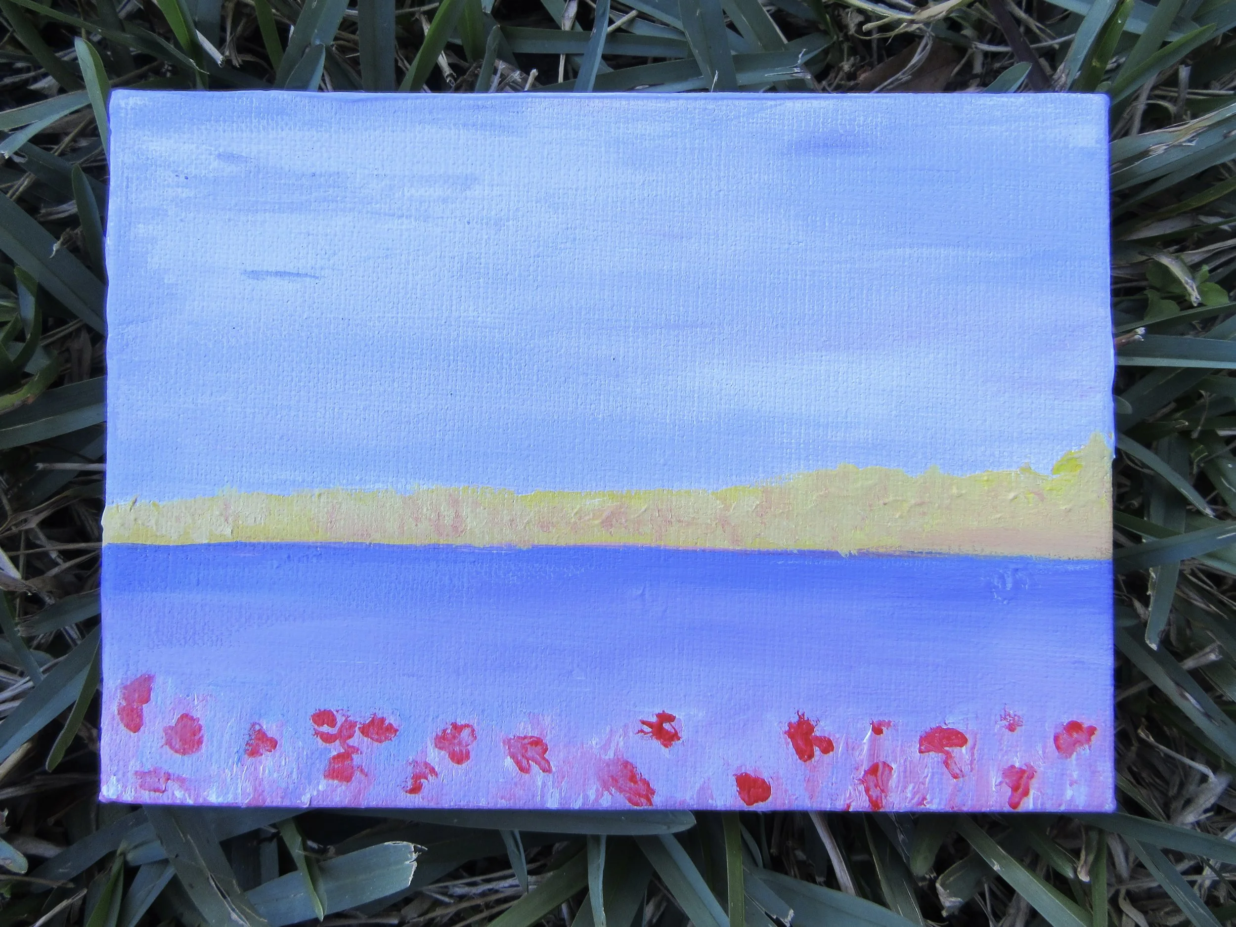 Abstract acrylic landscape with wheat in the distance and red poppies in the foreground, inspired by Psalm 23 “He restores my soul.”