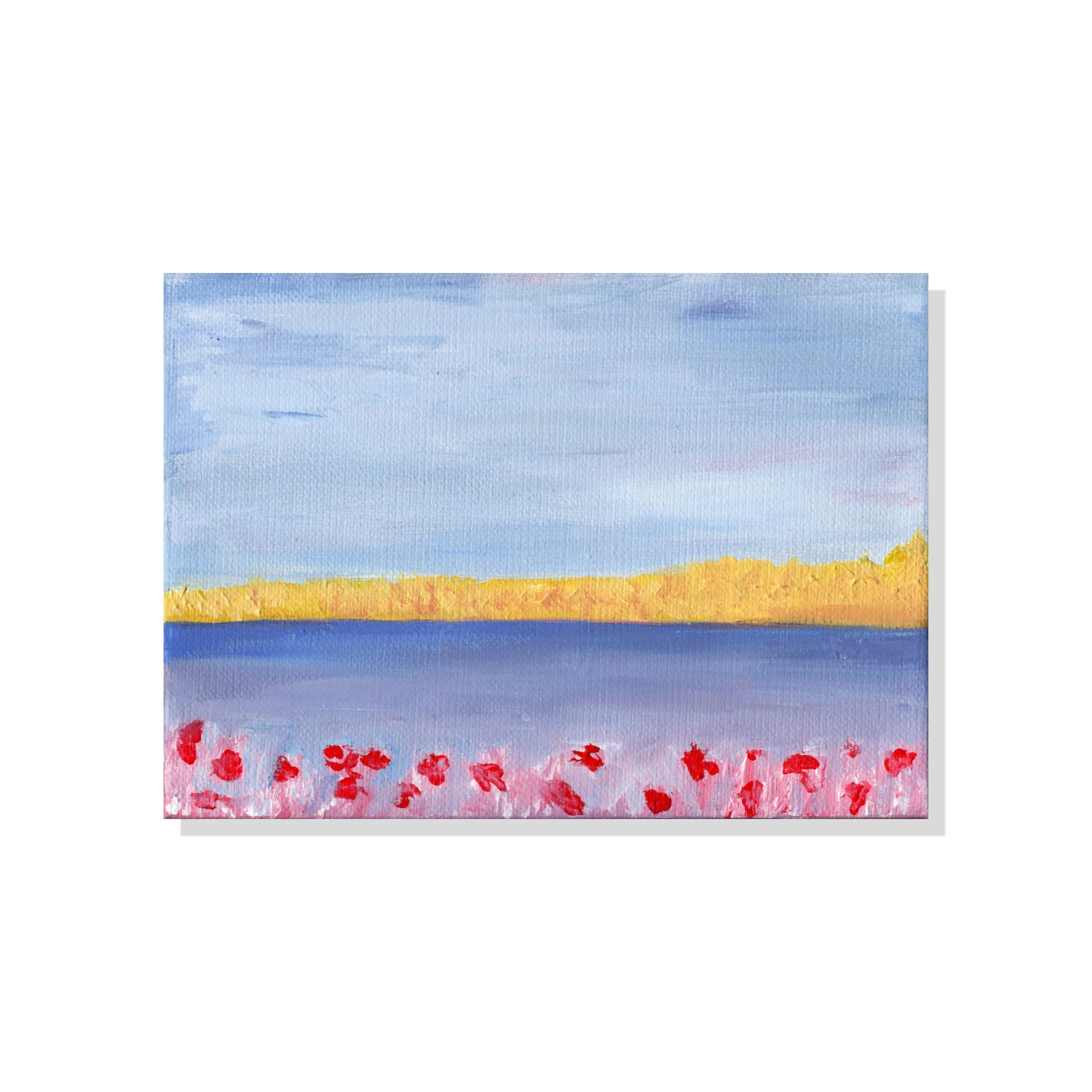 Abstract landscape art print titled “He Restores My Soul” inspired by Psalm 23:3, featuring poppy-like flowers in the foreground and a soft wheat field in the distance, symbolizing renewal and hope.