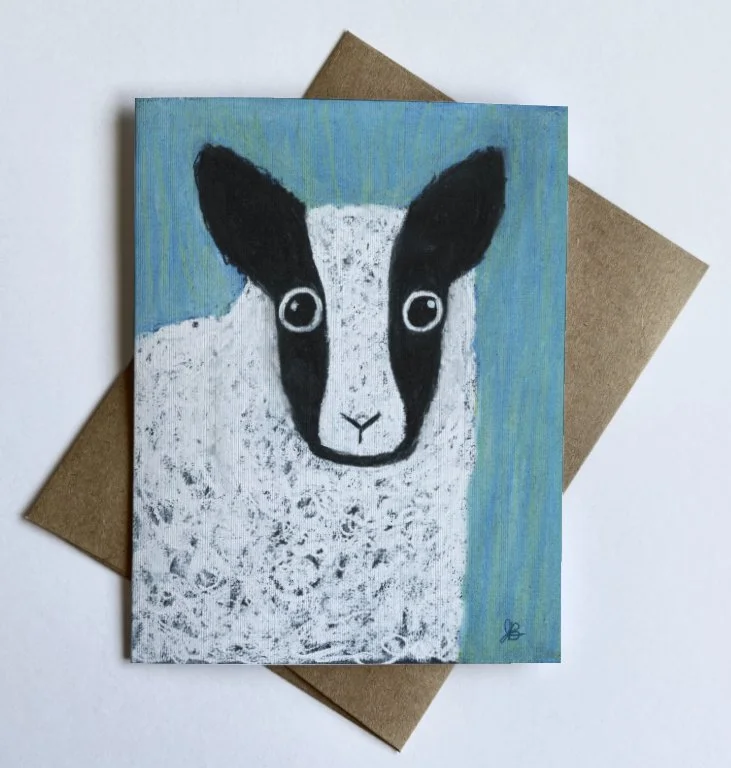 Pastel illustration of a whimsical silly sheep on a greeting card inspired by Psalm 23.