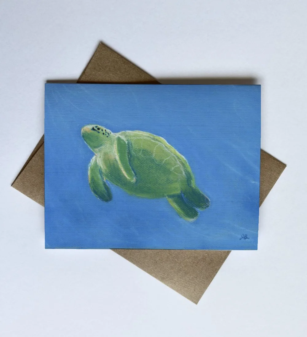 Print of a sea turtlepastel painting on a card with matching envelope, ocean-inspired stationery