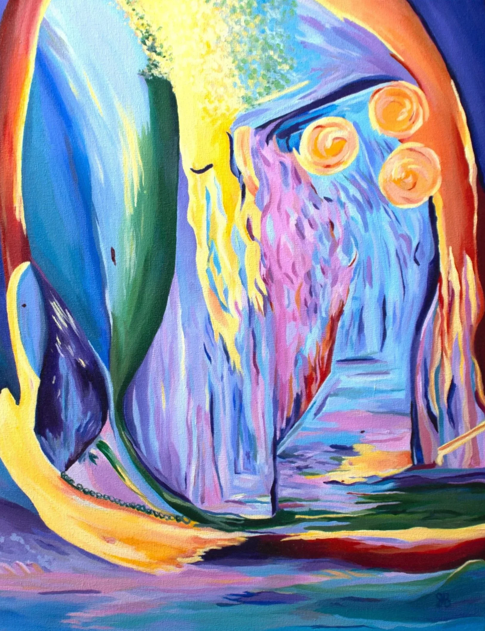 An abstract colorful acrylic painting featuring a large abstract head with an abstract face looking into a mirror inside the head and some orange swirl circles on the right. The colors are blues and purples with yellows, oranges, greens, and reds.