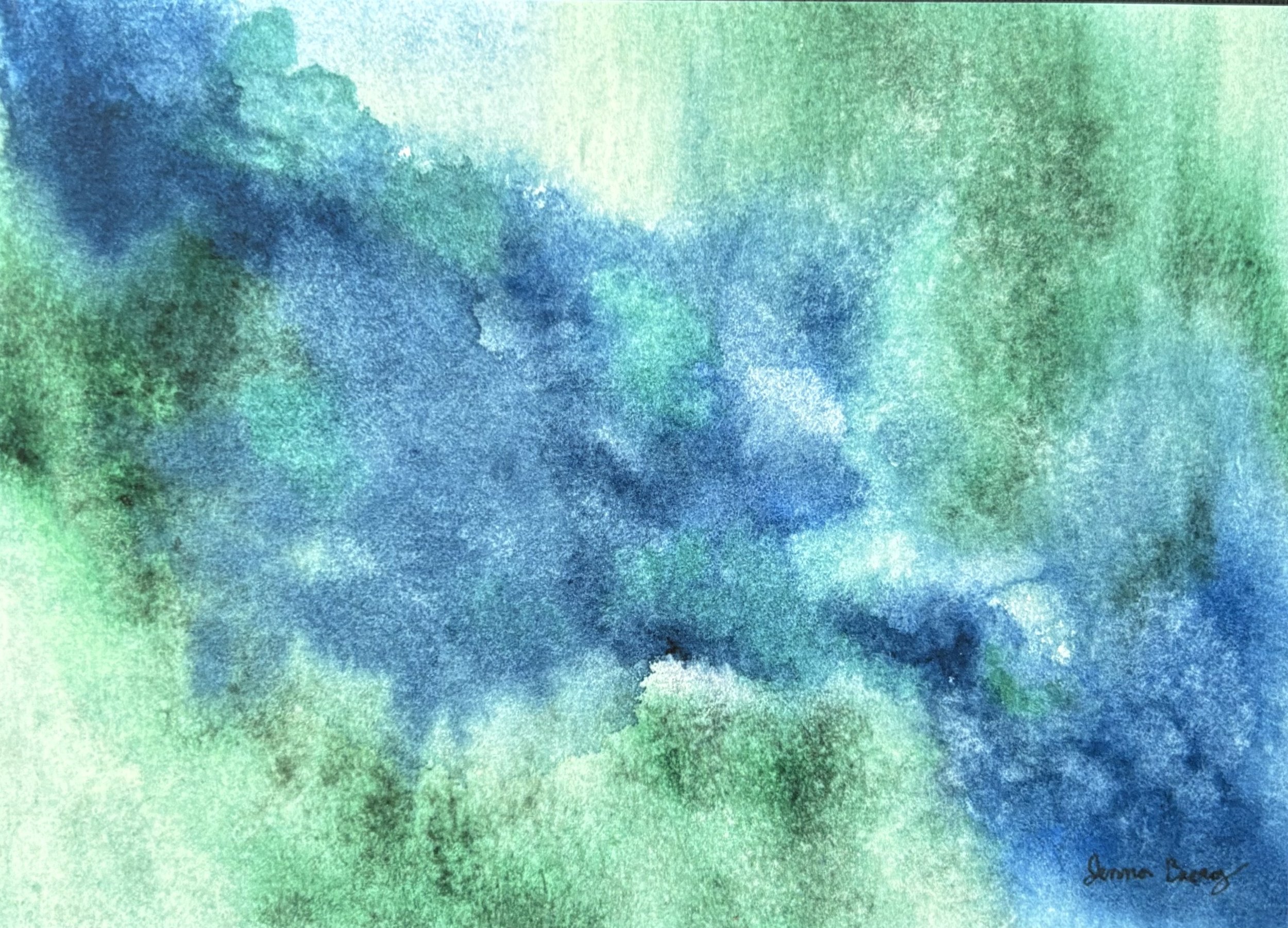 Abstract watercolor “Green Pastures, Still Waters” inspired by Psalm 23:2, with deep green and blue tones evoking peace, rest, and God’s presence.