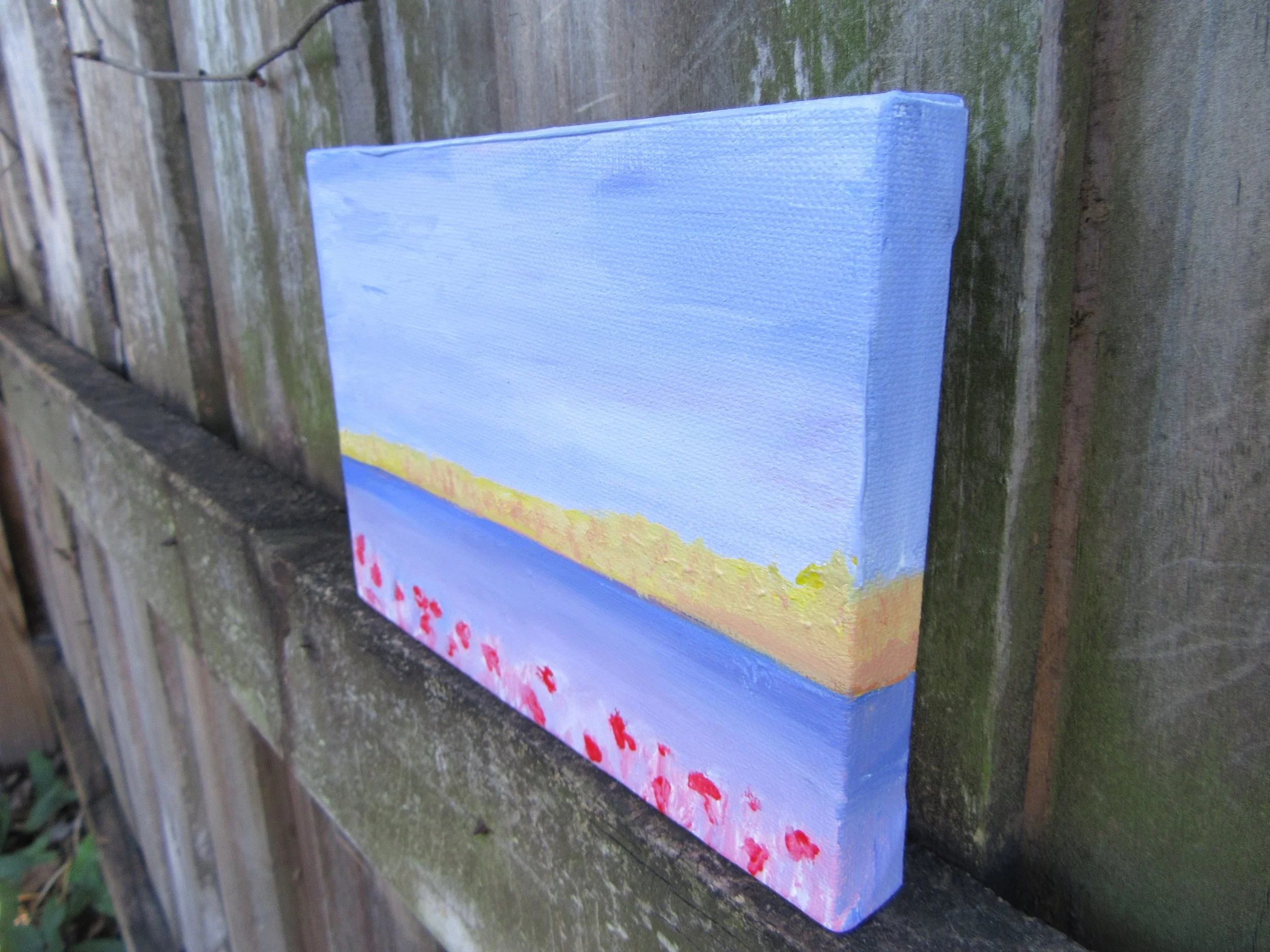 Abstract acrylic landscape with wheat in the distance and red poppies in the foreground, inspired by Psalm 23 “He restores my soul.”