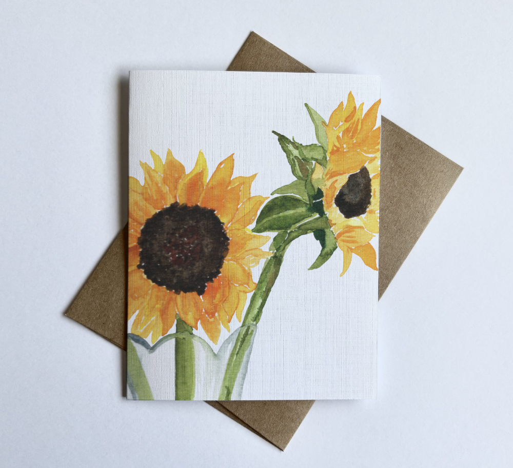 Watercolor sunflower card, beautiful floral greeting card