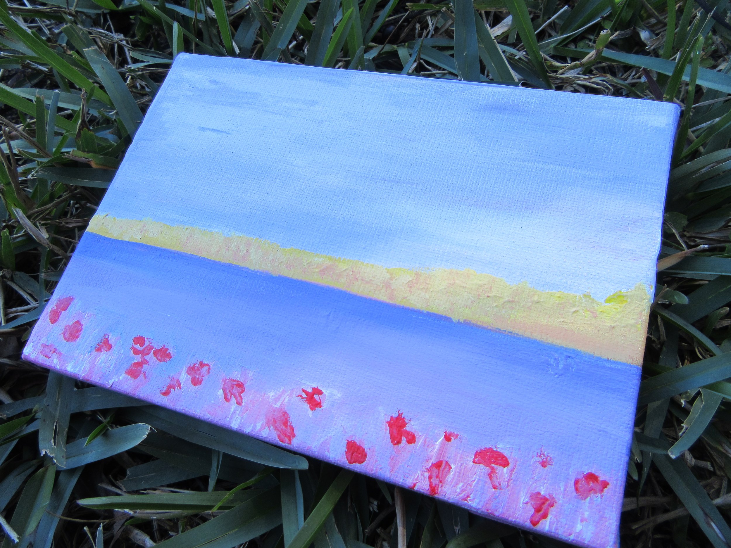 Abstract acrylic landscape with wheat in the distance and red poppies in the foreground, inspired by Psalm 23 “He restores my soul.”