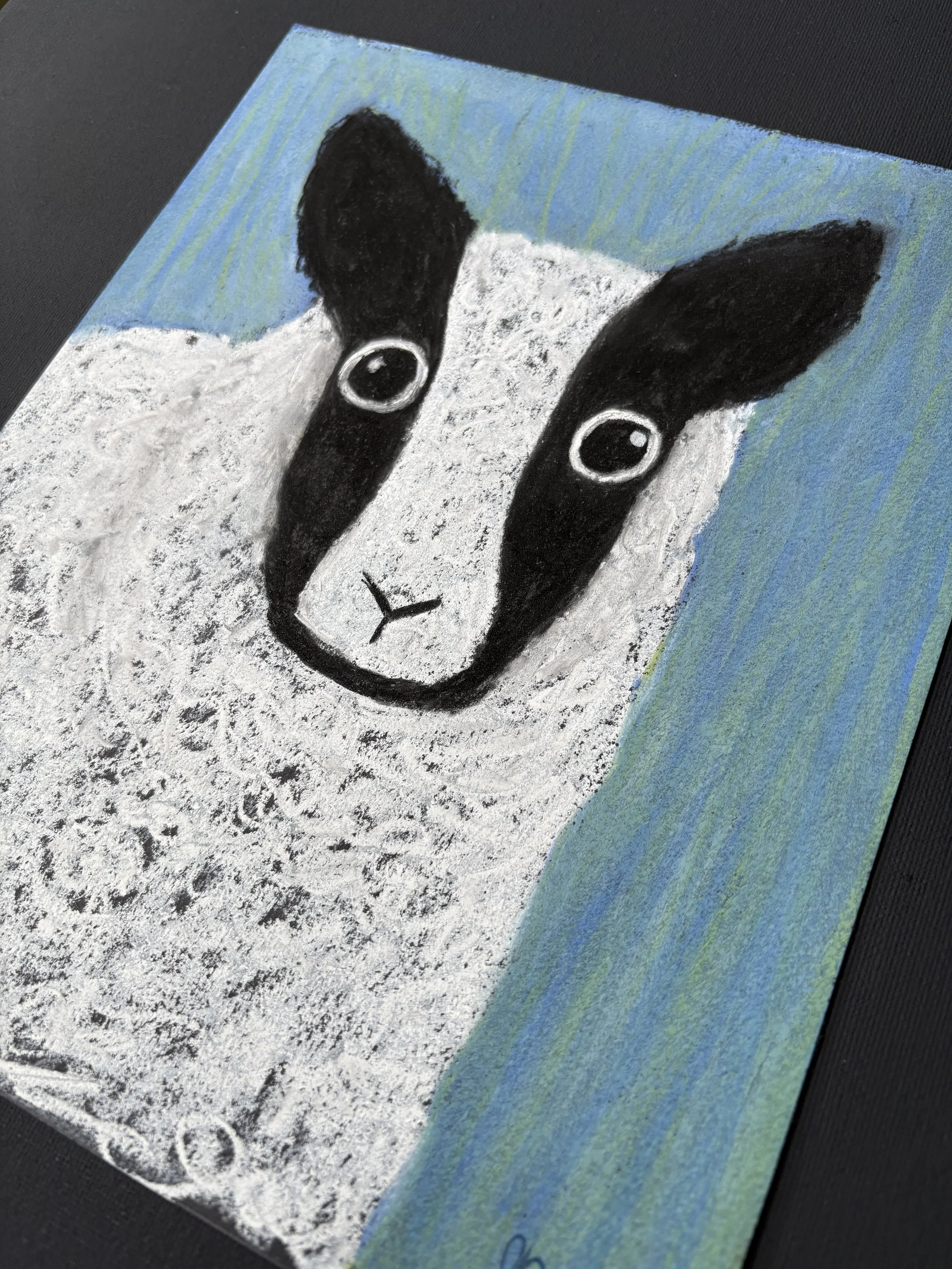 Hand-drawn pastel painting of a silly sheep, Christian artwork inspired by Psalm 23