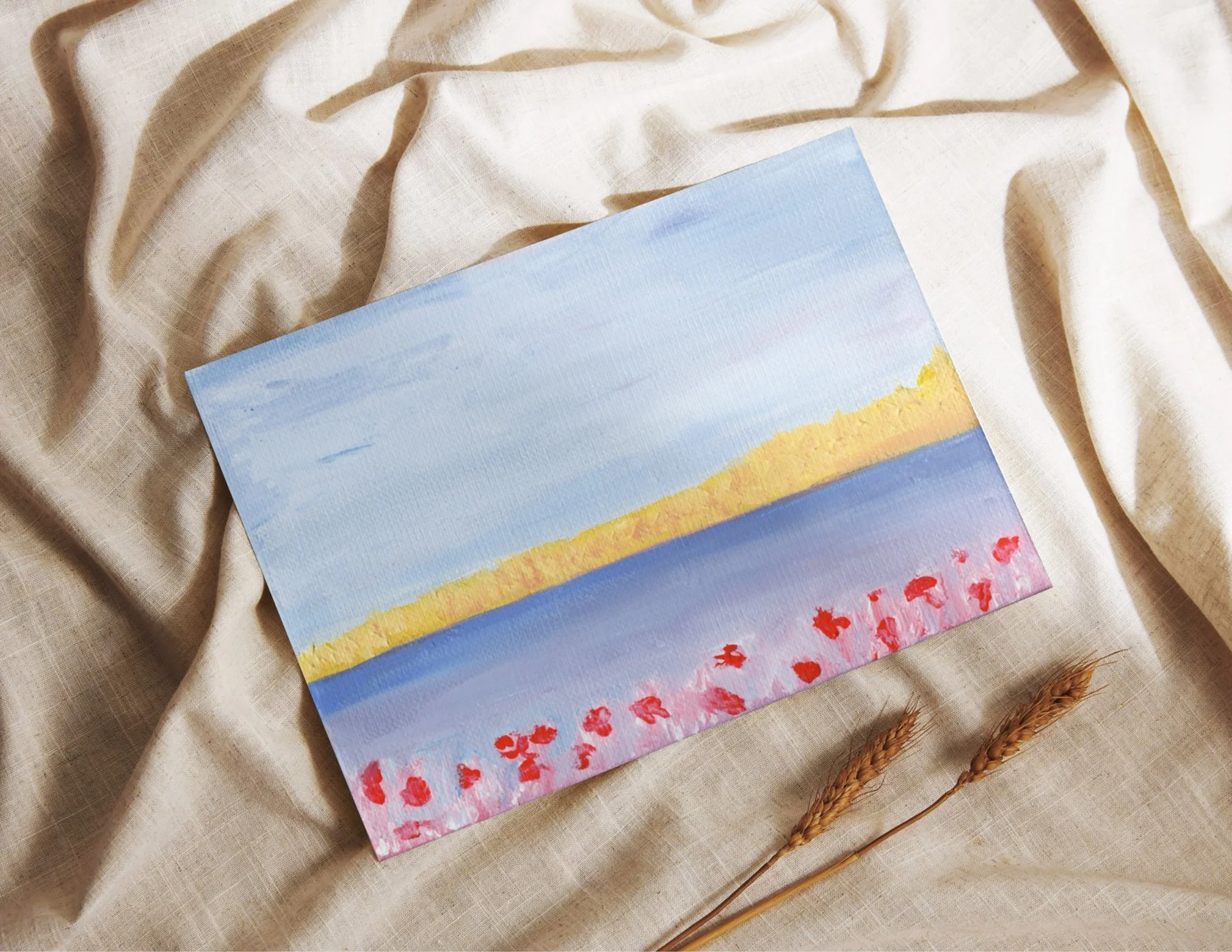 Abstract landscape art print titled “He Restores My Soul” inspired by Psalm 23:3, featuring poppy-like flowers in the foreground and a soft wheat field in the distance, symbolizing renewal and hope.