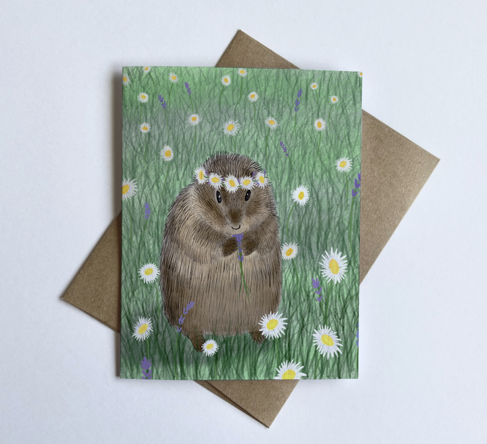 Cute prairie dog card with flower crown illustration. Blank inside for any occasion, printed on quality cardstock.