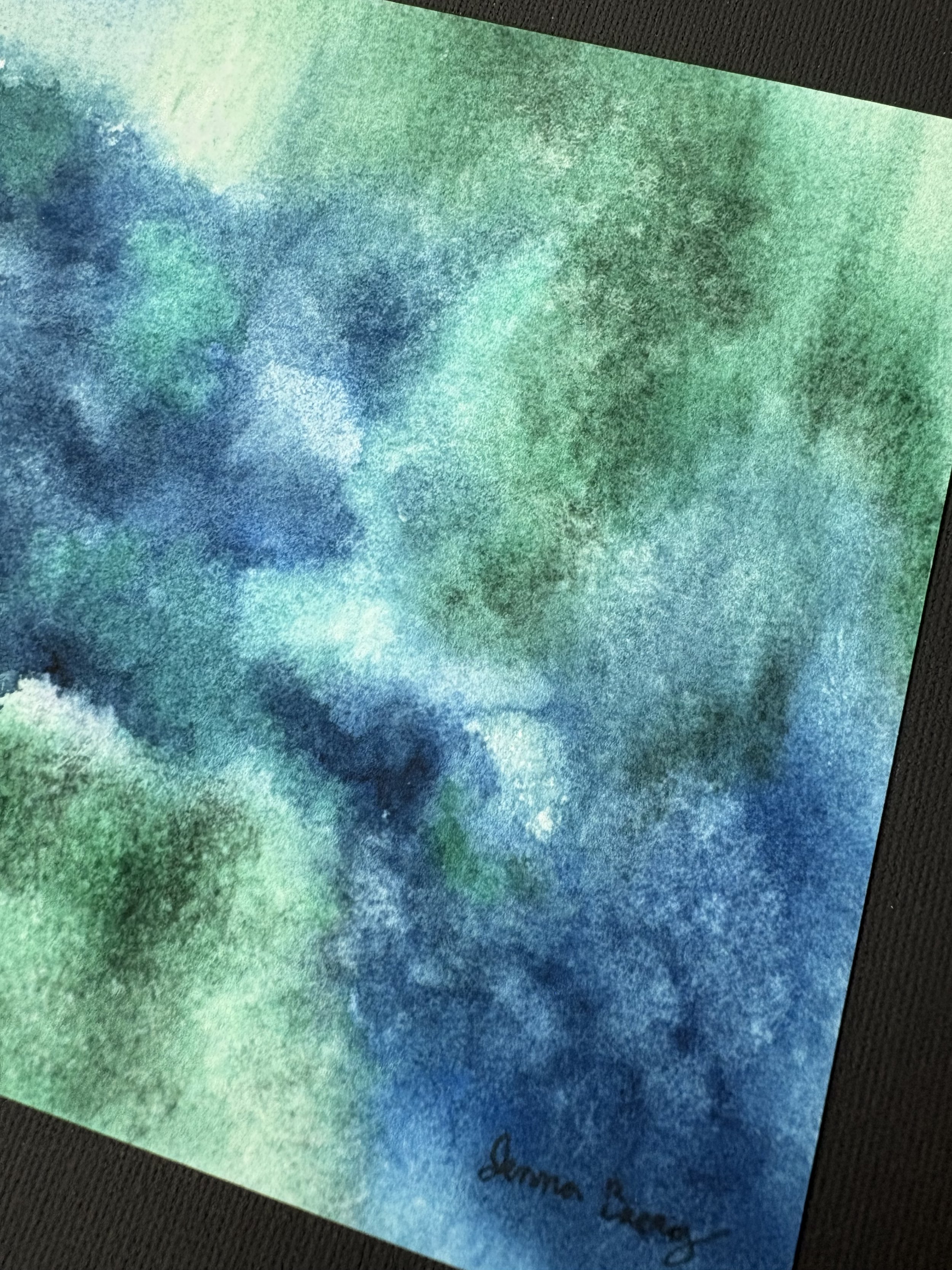 Abstract watercolor “Green Pastures, Still Waters” inspired by Psalm 23:2, with deep green and blue tones evoking peace, rest, and God’s presence.