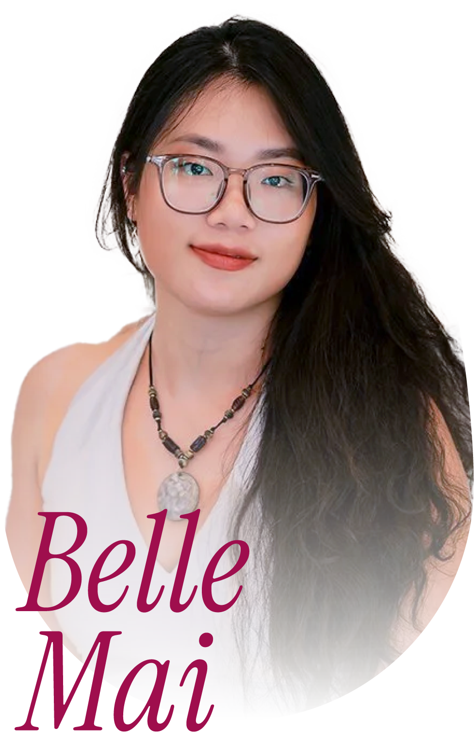 Mai Belle - Design intoLife - design into life Young woman with glasses and long dark hair, wearing a white tank top, standing in front of a colorful background with her name 'Belle Mai' displayed.