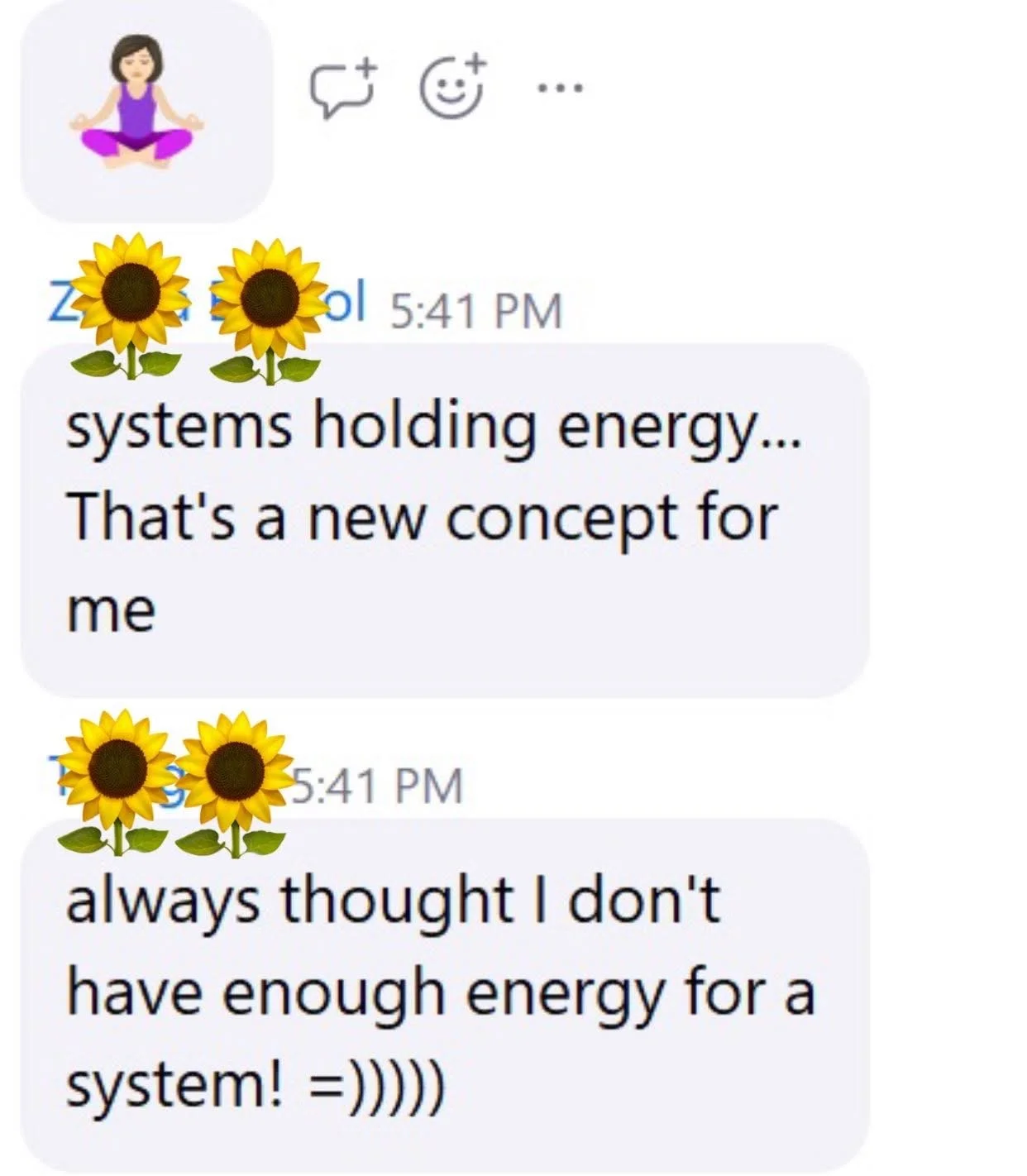 Text message conversation with sunflower emojis and a sticker of a girl meditating.