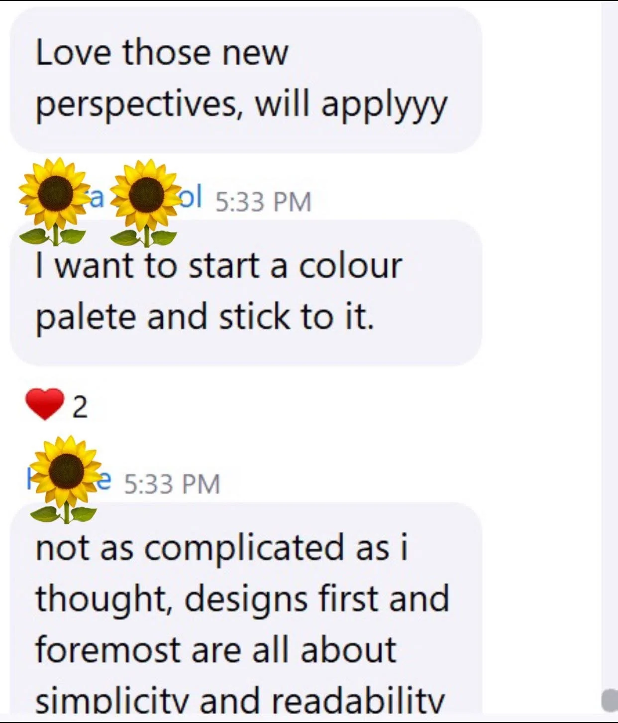 Text conversation about starting a color palette, with sunflower emojis, a red heart emoji with the number 2, and various messages about design simplicity and readability.