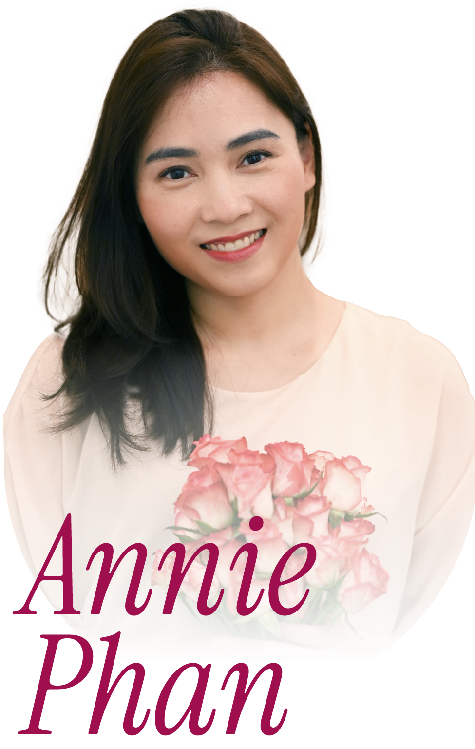 Annie Phan, OBM, Online Business Management. A woman with shoulder-length dark hair smiling and holding a bouquet of pink roses. Text on the image reads 'Annie Phan' in brown letters.