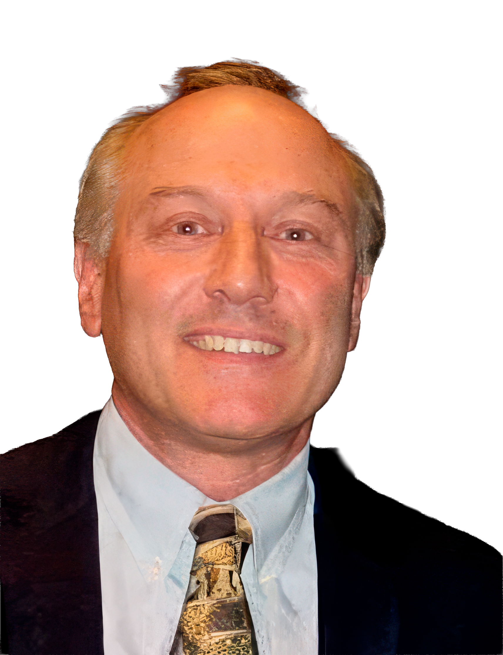 Black and white photo of a man with glasses, wearing a suit and collared shirt, smiling.