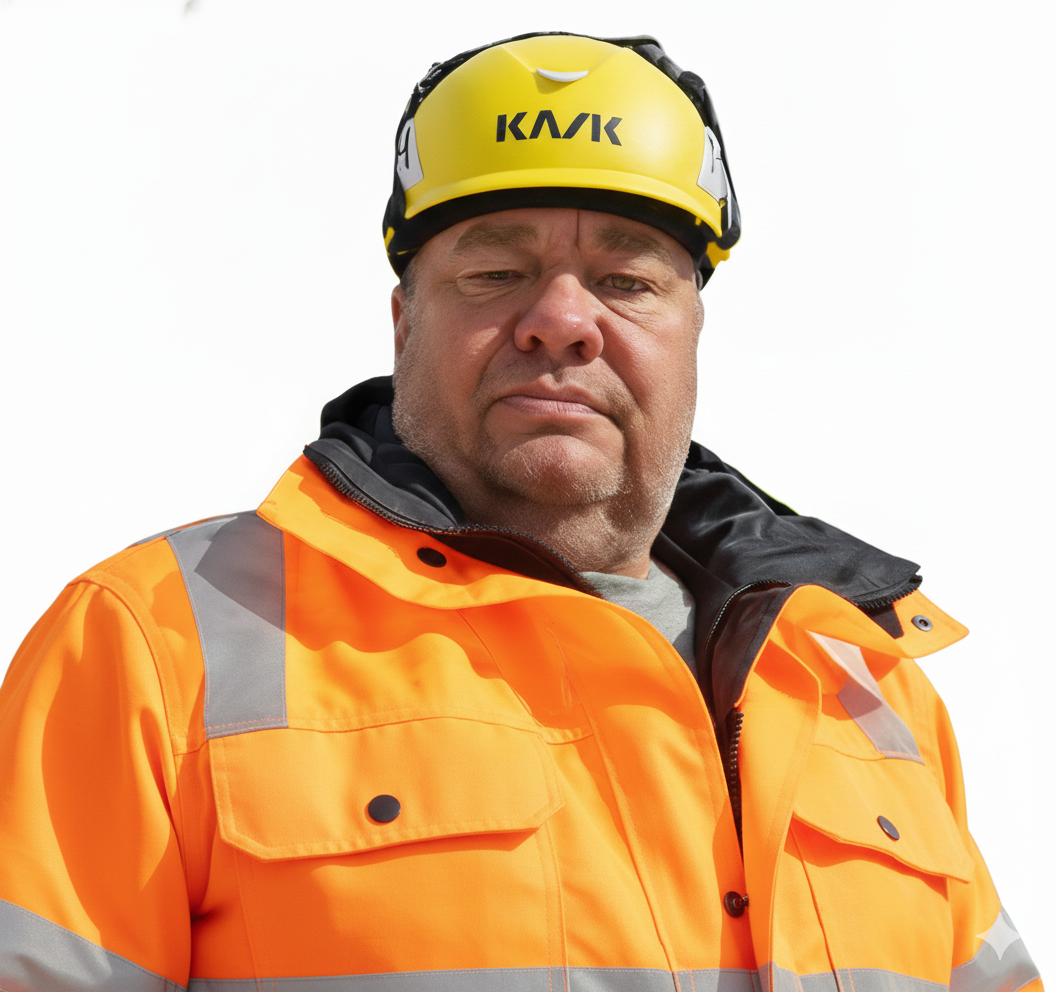 Close-up of a man wearing a helmet with the brand name 'KASK' and outdoor gear, looking serious, in black and white.