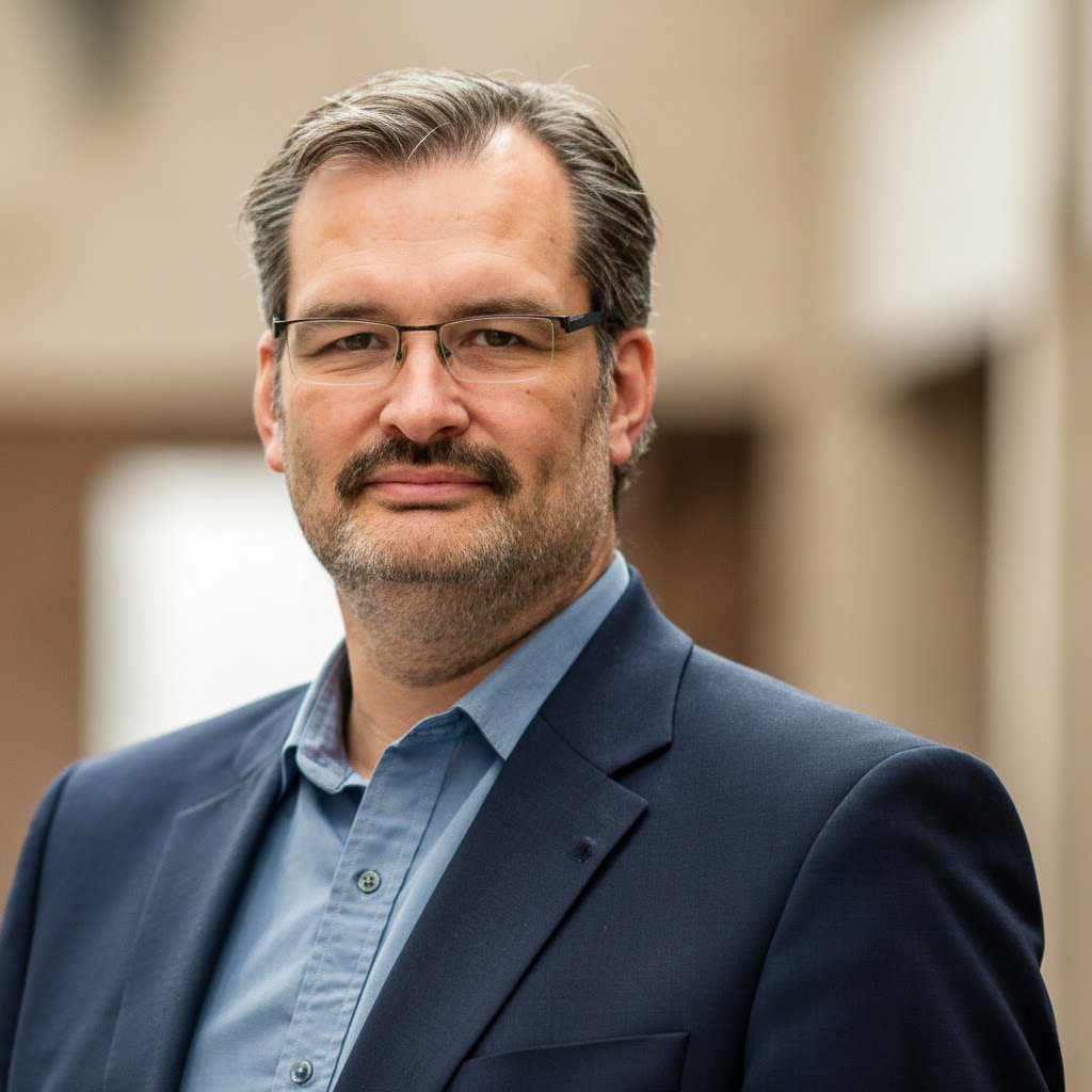 Black and white portrait of a man wearing a suit jacket and collared shirt with glasses, looking at the camera.