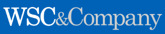 The logo of WSC & Company with blue background and white text.