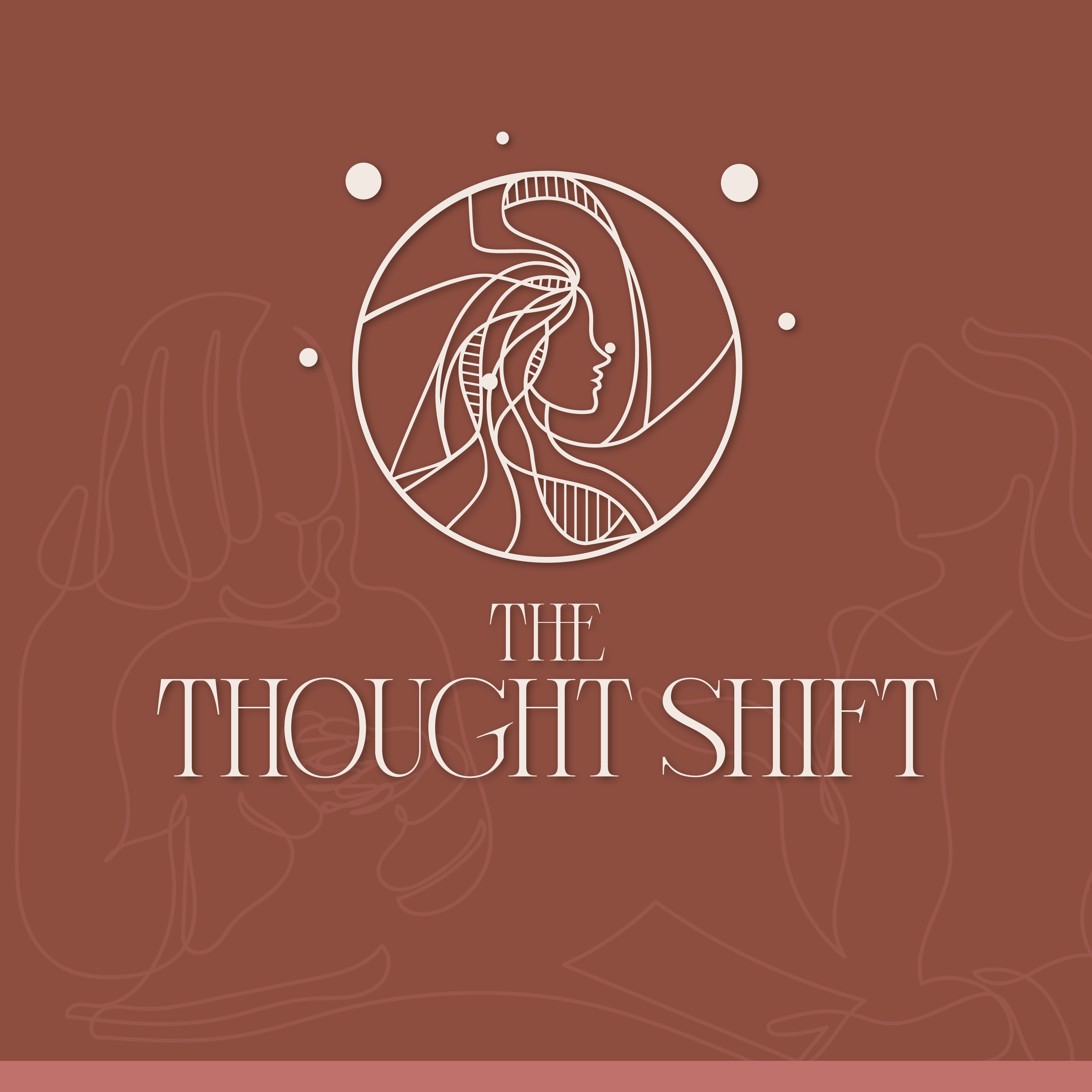 A line art illustration of a woman's profile with flowing hair, enclosed in a circle, set against a brown background with line drawings of views of the Tokyo Skytree tower and faint text.
