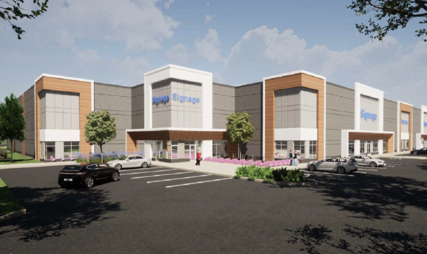 Artist's rendering of a retail shopping center with multiple storefronts, parking lot, and trees.