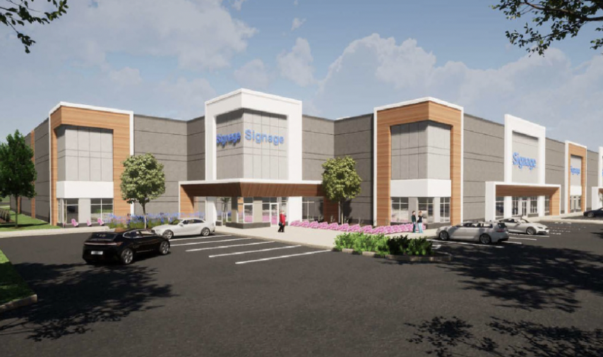 Rendering of a modern shopping center with storefronts, parking lot, and trees.