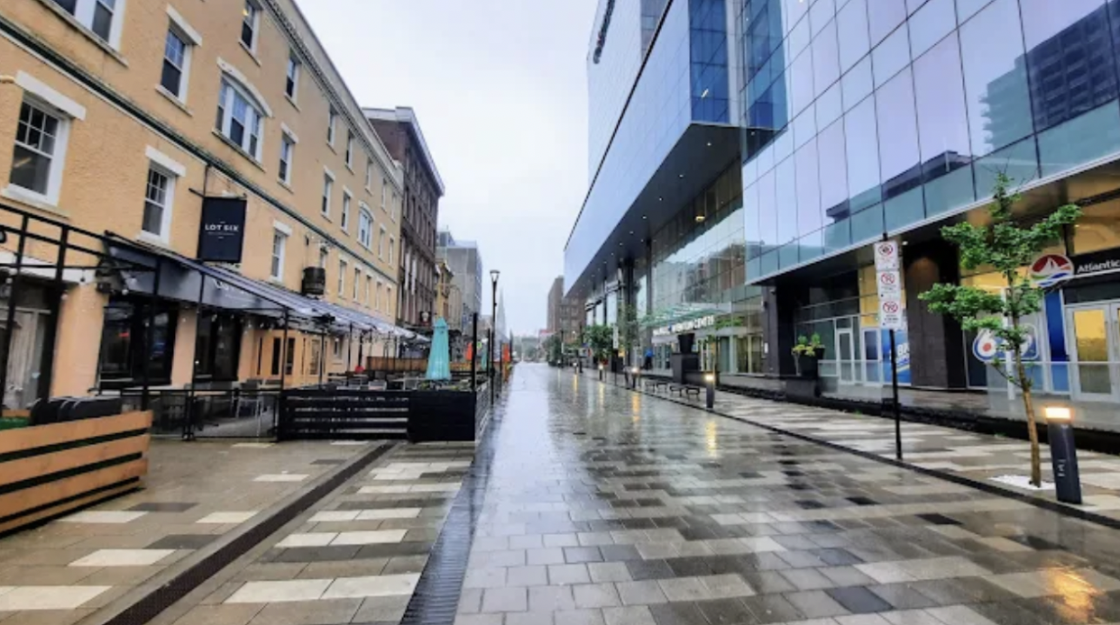 Empty city street with wet pavement, modern glass buildings on the right, historic brick buildings on the left, and trees along the sidewalk.