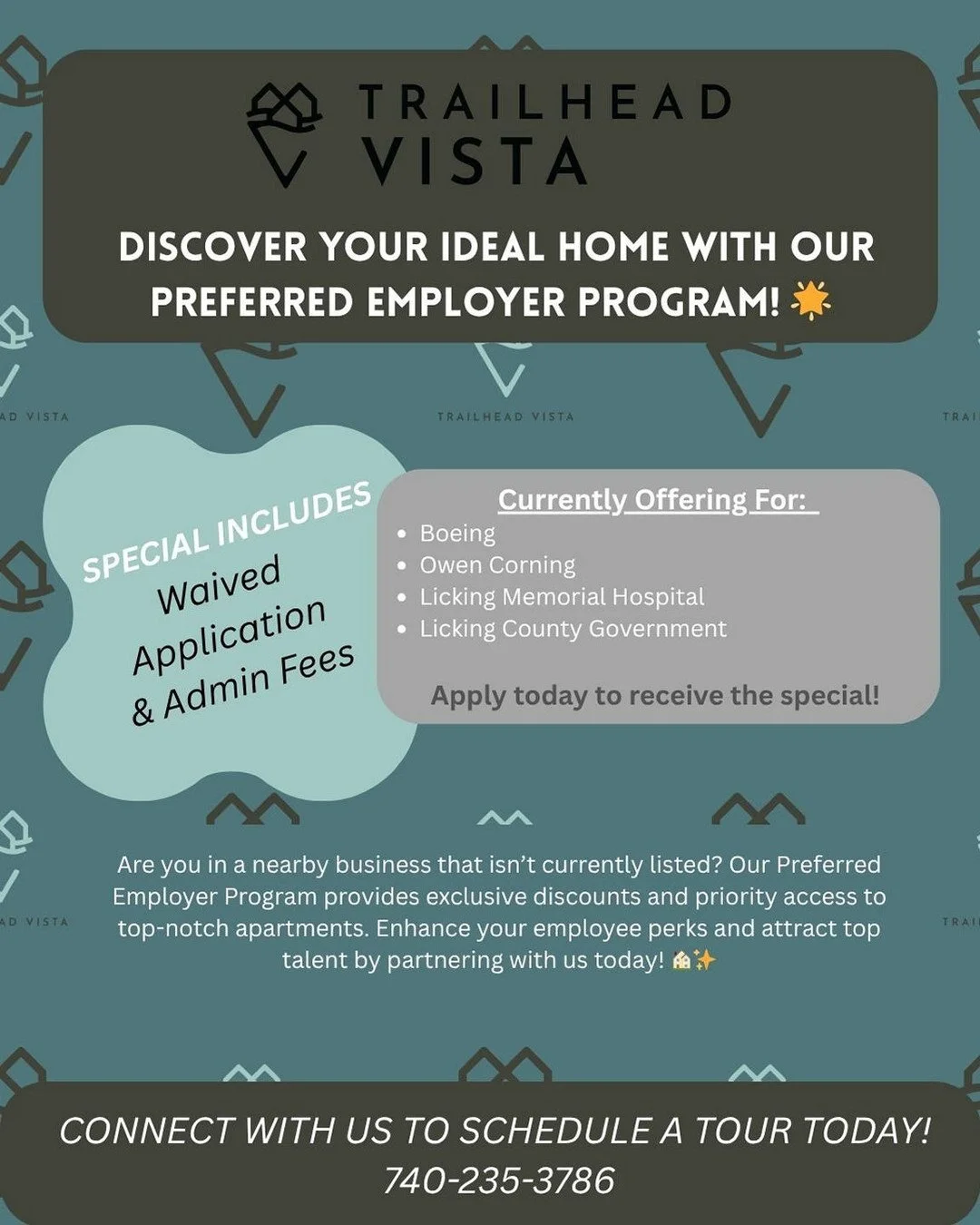 🌟 Calling all new movers! 🌟

Looking for a fresh start? Our Preferred Employer Special is here to make your apartment move even sweeter! Say goodbye to stress and hello to savings when you choose us for your next home. 🥳 Don&rsquo;t miss out&mdash