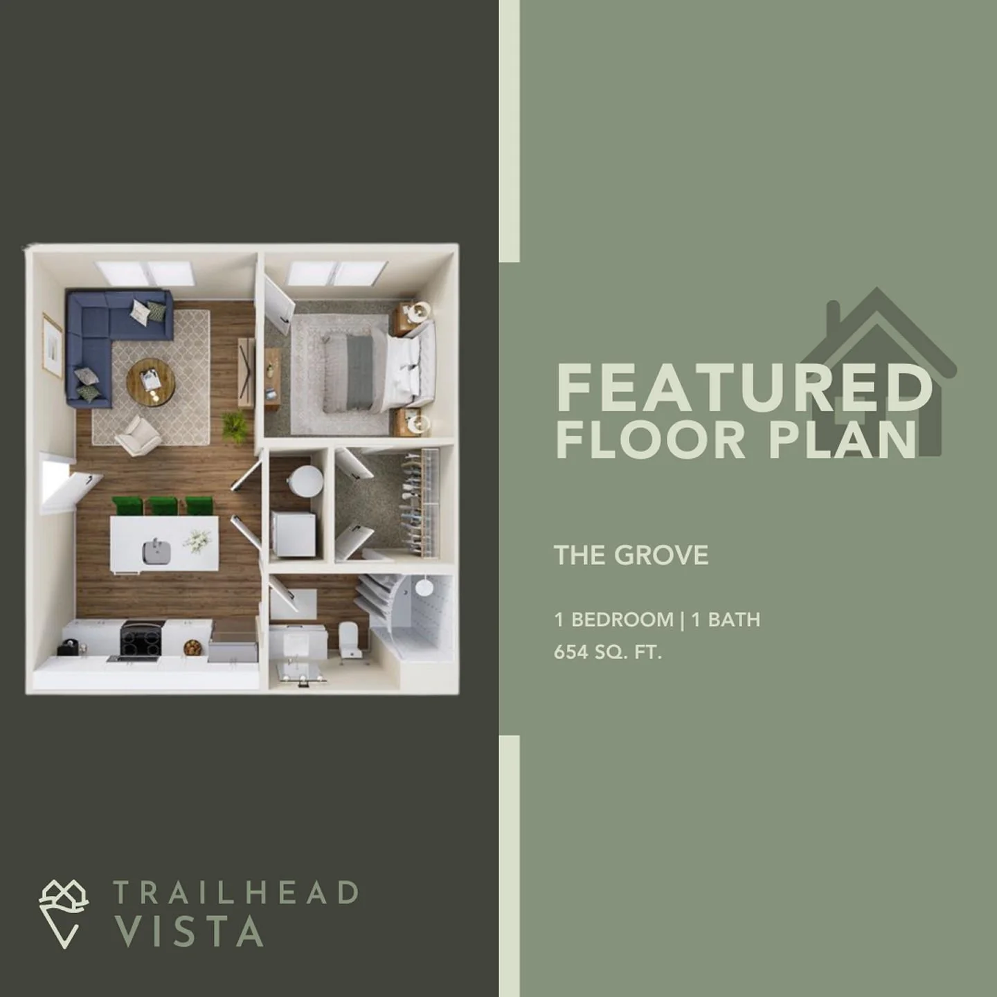 π‘ Looking for your perfect one-bedroom oasis? 
The Grove layout is calling your name! This cozy gem is designed to feel like home from the moment you step inside. Ready to check it out? Connect with us today to schedule your tour and see why so man