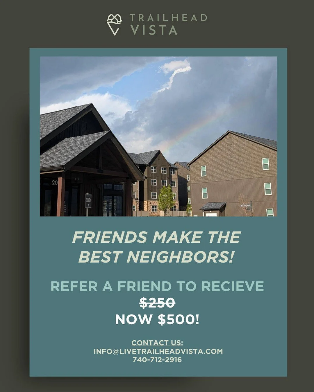 🌟 Hey Trailhead Vista residents! 🌟 

Want to level up your living situation? Refer a friend and snag NOW $500 credit towards your rent after they move in!  Why not turn your pad into a friend zone? 😊✨ 

#TrailheadVista #ReferAFriend #LivingTheDrea